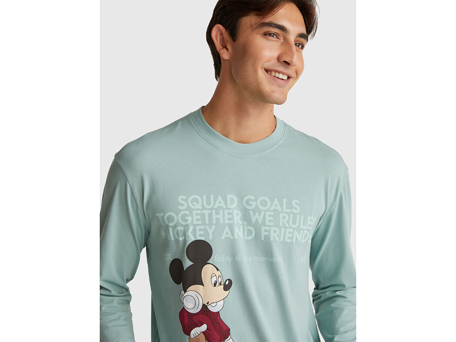 Benetton Erkek Açık Yeşil %100 Koton Disney Baskılı Uzun Kollu T-Shirt