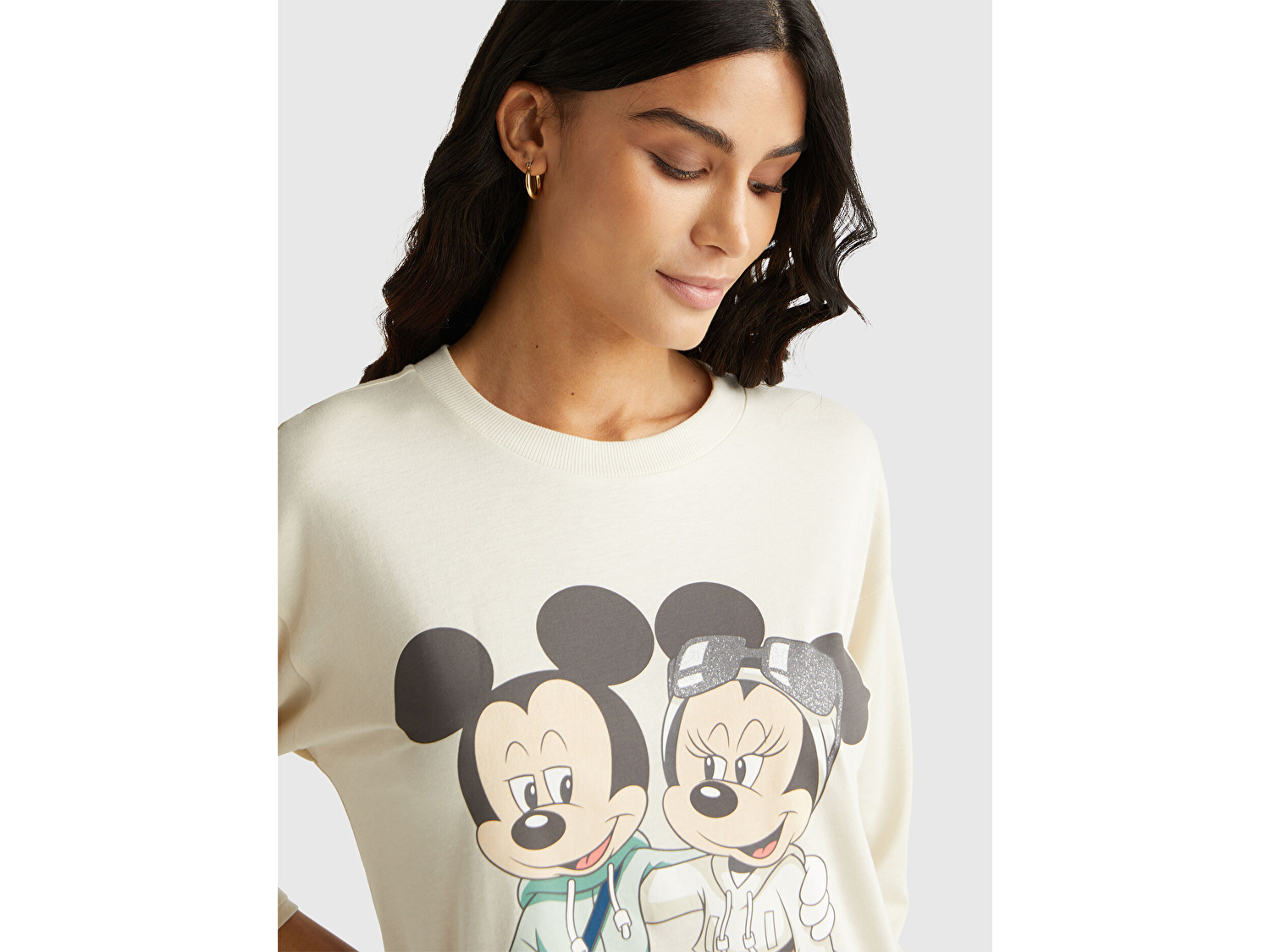 Benetton Kadın Krem %100 Koton Mickey Baskılı  Gecelik