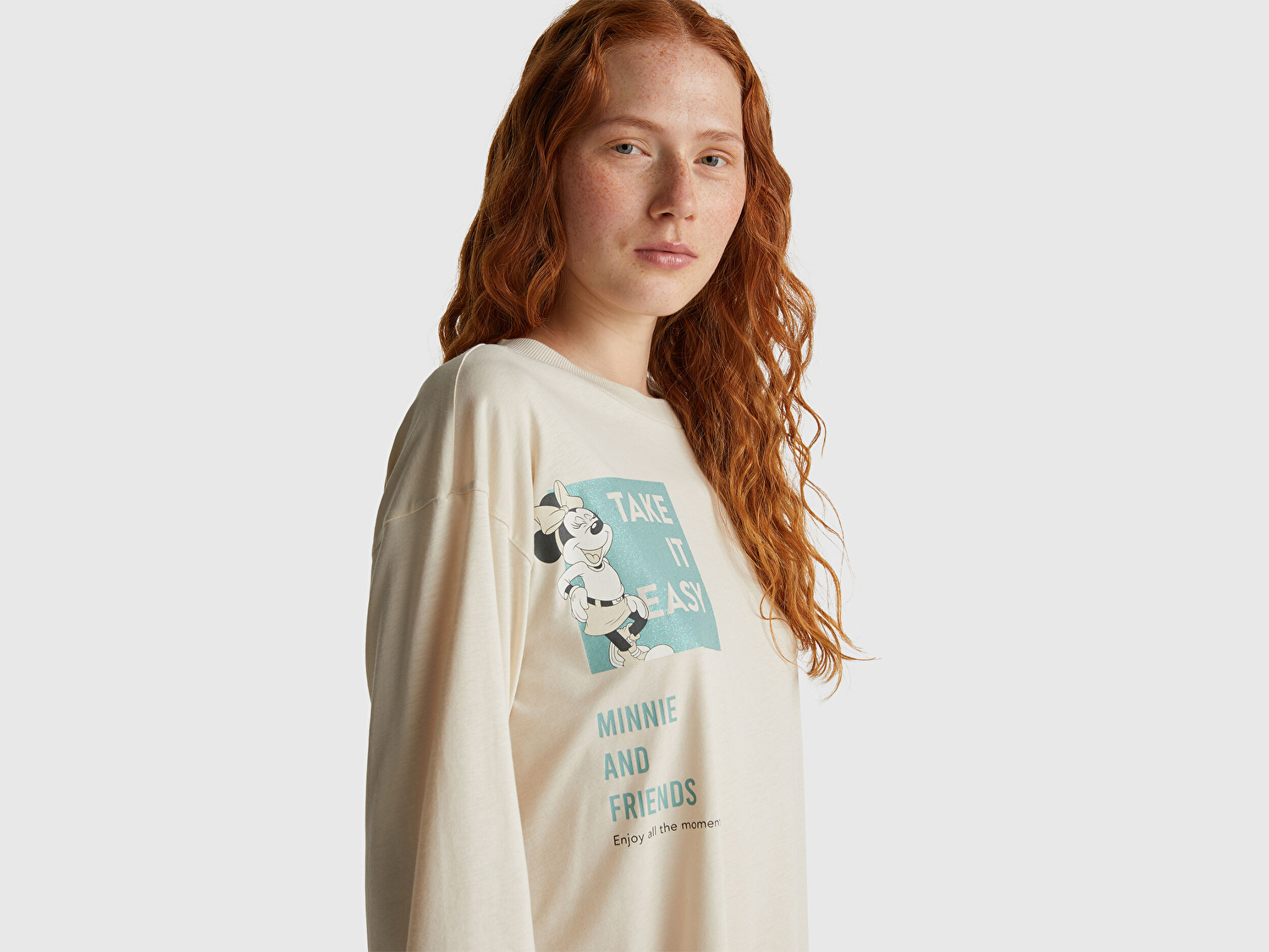 Benetton Kadın Krem Koton Karışımlı Disney Baskılı  Kısa Kollu Pijama üstü