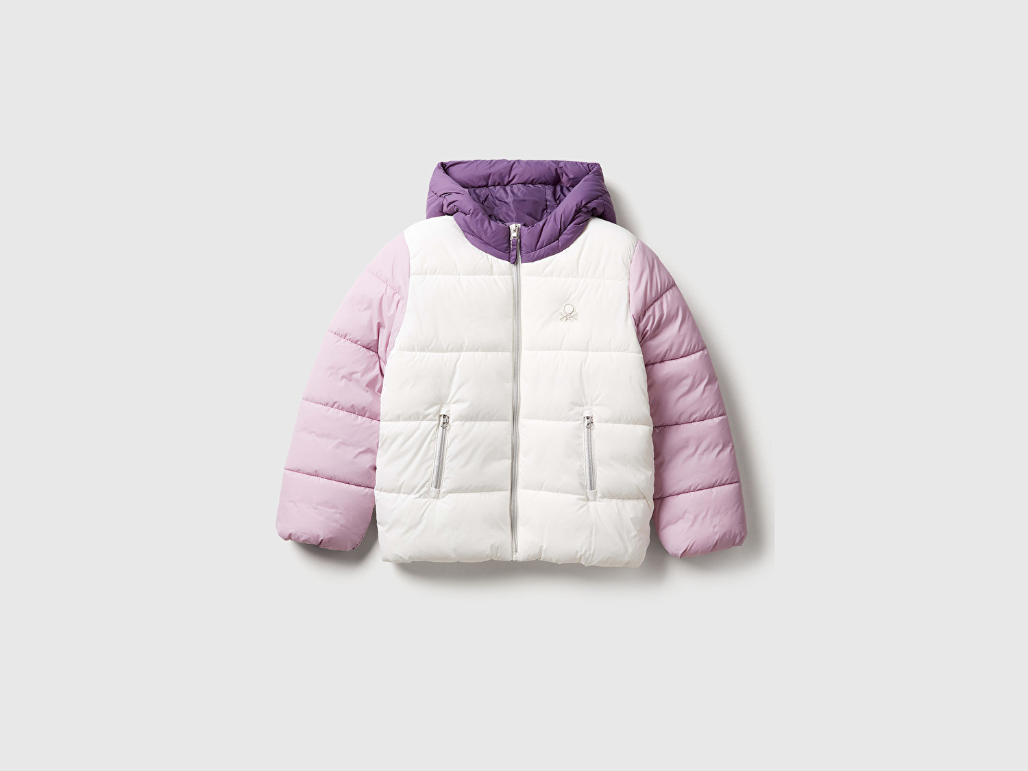 Benetton Kız Çocuk Ekru-Lila Sol Göğsü Logo İşlemeli Cepli Kapüşonlu Yüksek Yaka Mont