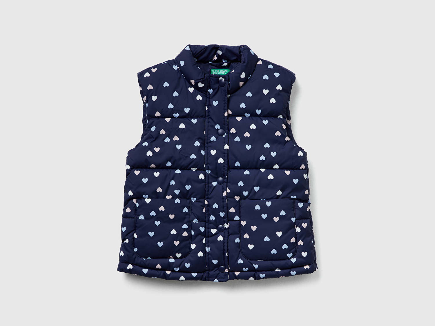 Benetton Kız Bebek Lacivert Tamamı Baskılı Fermuarlı Düğmeli Dolgulu Yelek
