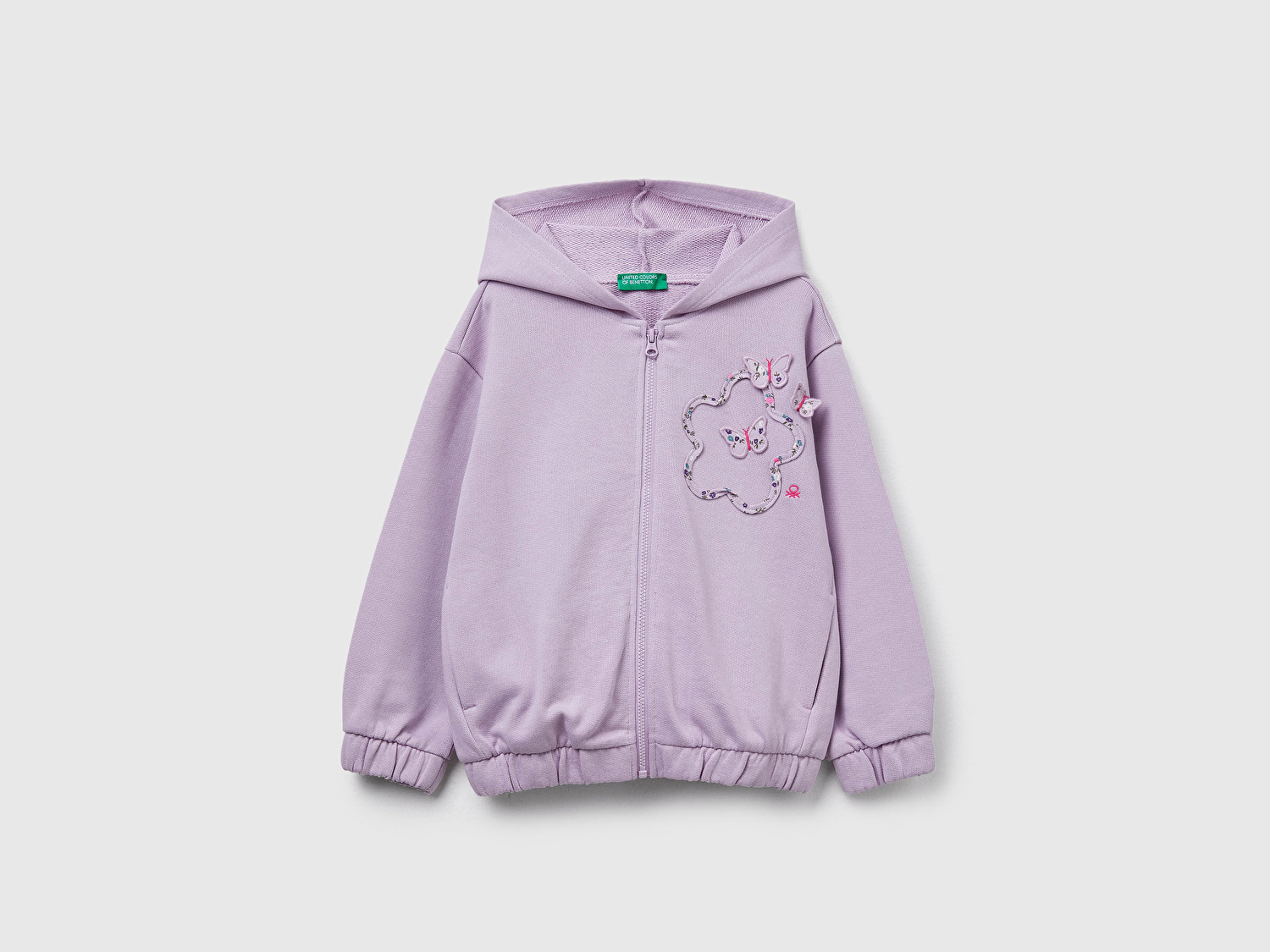 Benetton Kız Bebek Lila Önü Aplikeli Fermuarlı Yan Cepli Kapüşonlu Sweatshirt