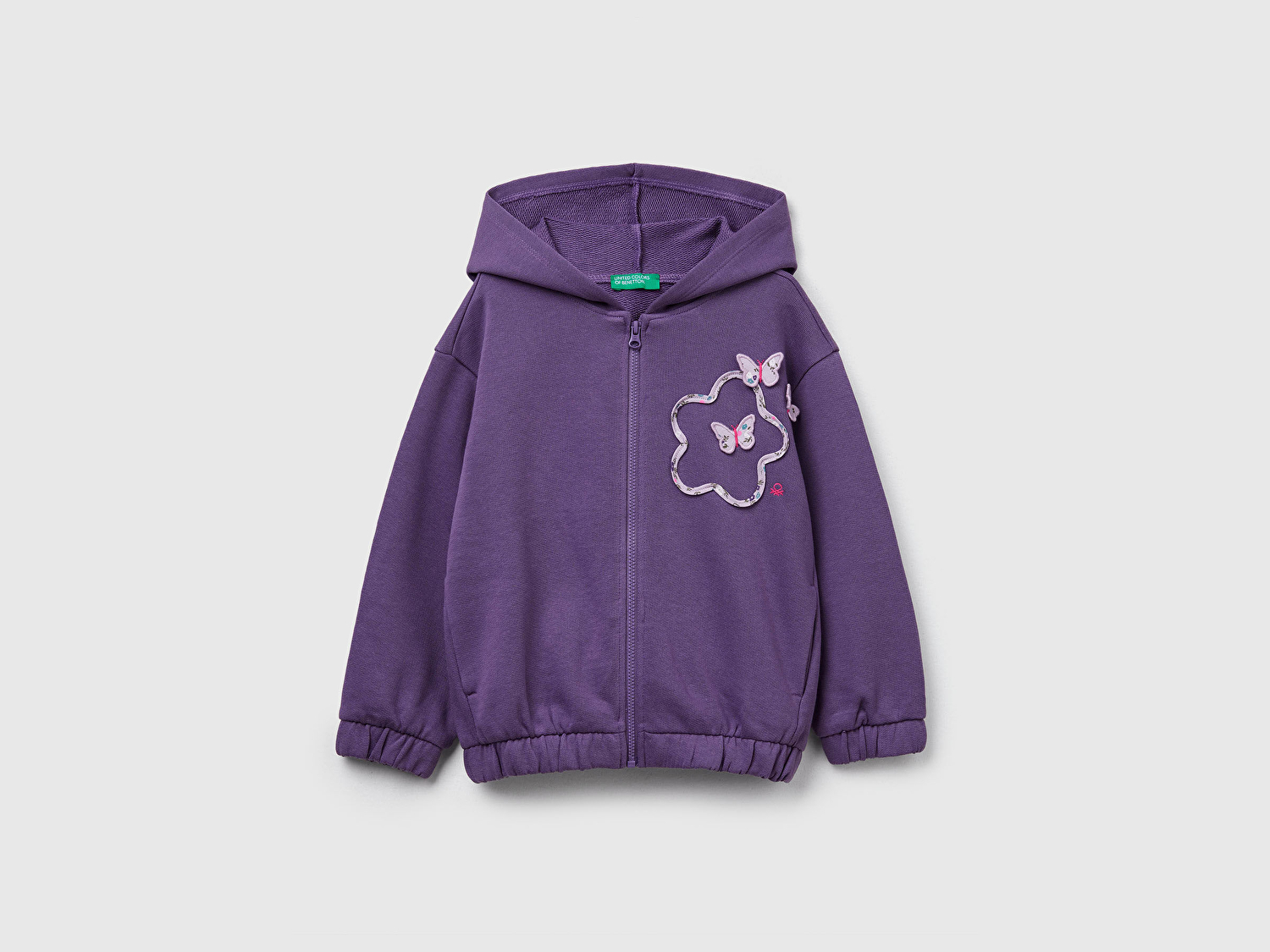 Benetton Kız Bebek Mor Önü Aplikeli Fermuarlı Yan Cepli Kapüşonlu Sweatshirt