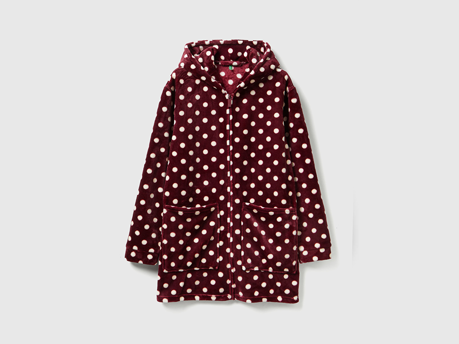 Benetton Kadın Bordo Puantiyeli Cepli Kapüşonlu Peluş Sabahlık