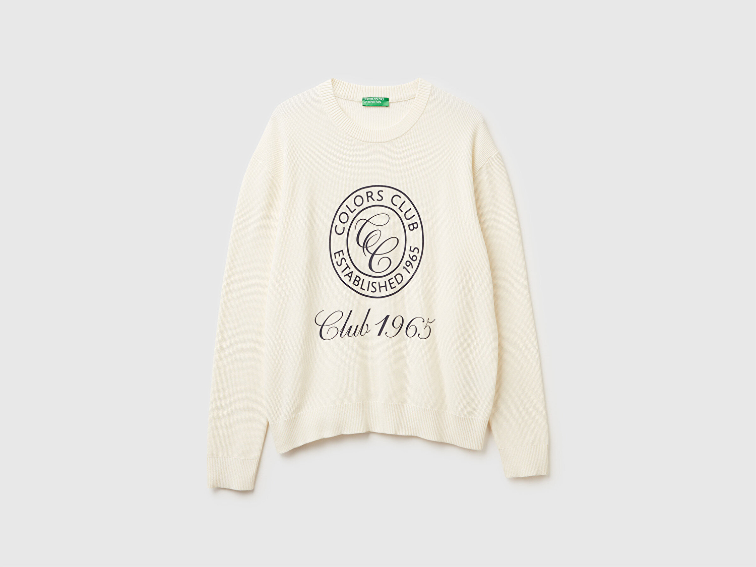 Benetton Erkek Krem %100 Koton_Bisiklet Yaka Rahat Kalıp Kazak