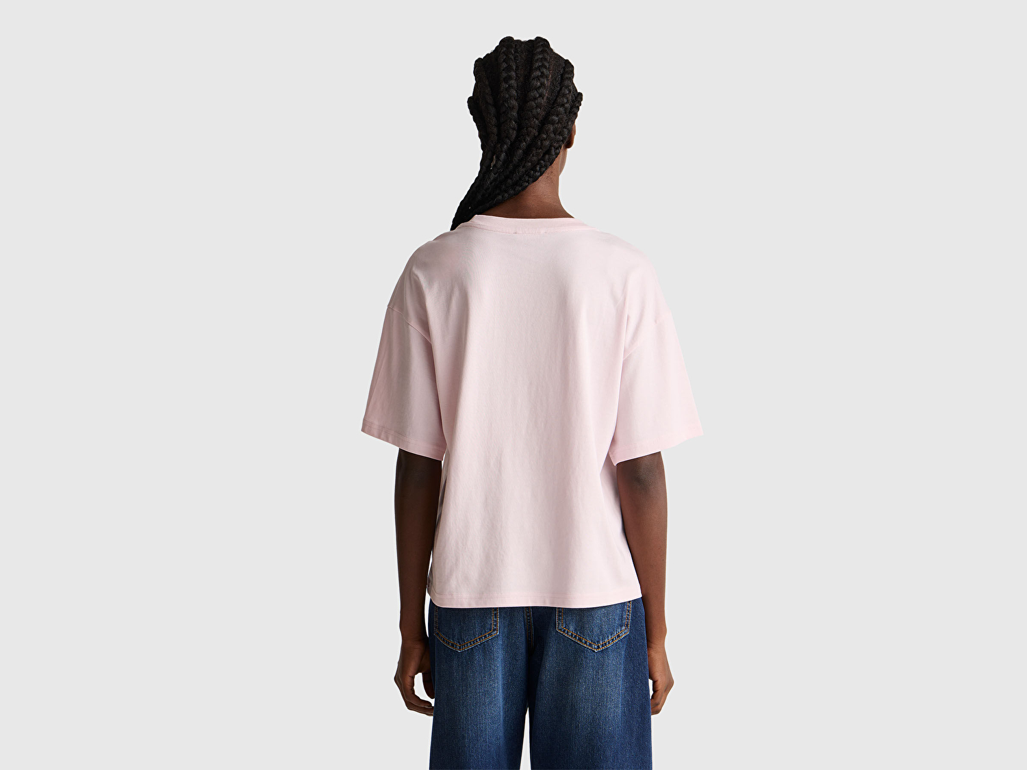 Benetton Kadın Açık Pembe %100 Pamuk Önü Yazı Baskılı Bisiklet Yaka T-Shirt