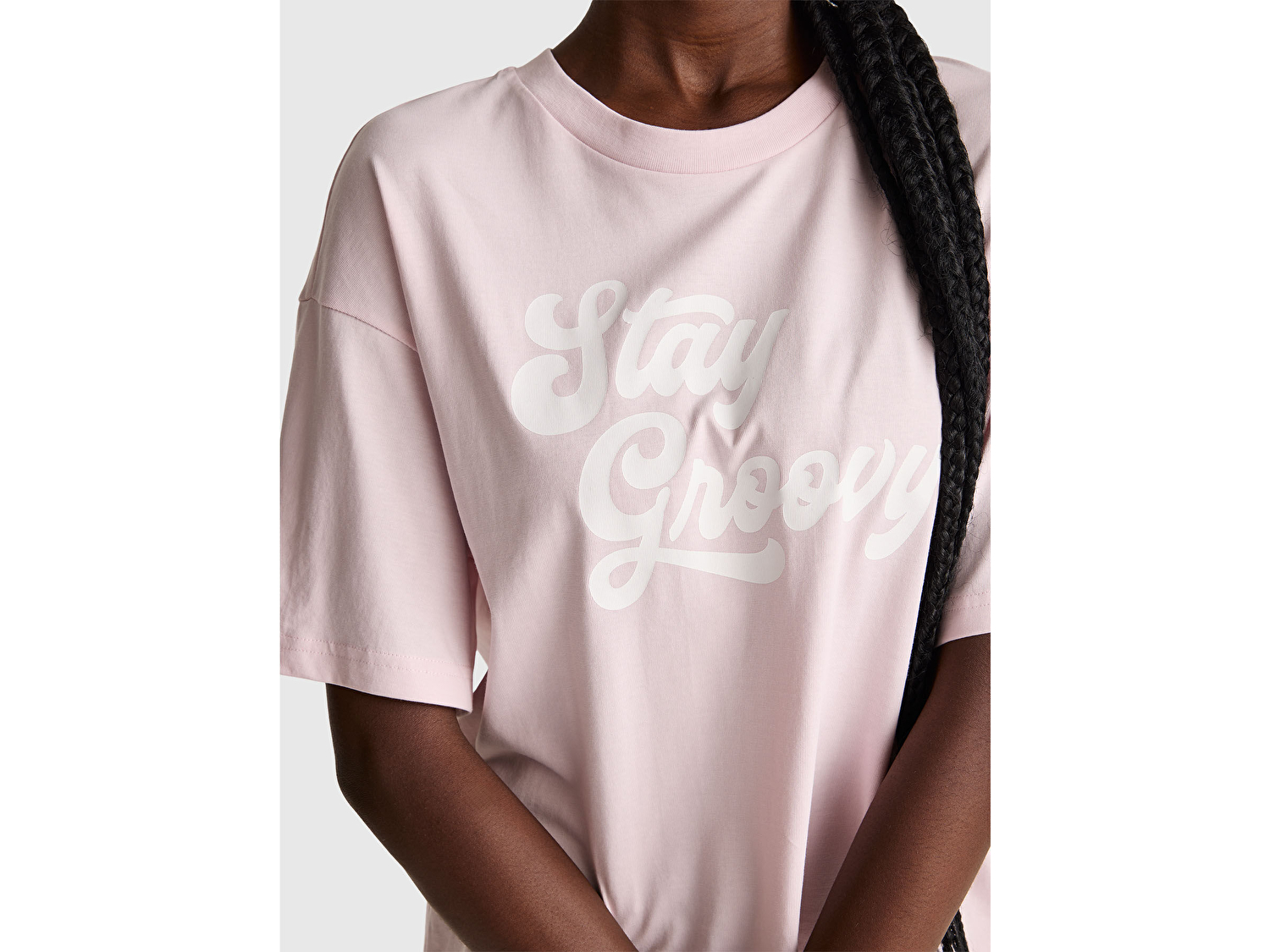 Benetton Kadın Açık Pembe %100 Pamuk Önü Yazı Baskılı Bisiklet Yaka T-Shirt