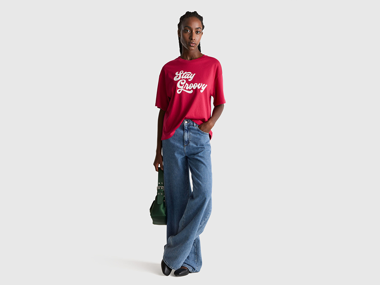 Benetton Kadın Fuşya %100 Pamuk Önü Yazı Baskılı Bisiklet Yaka T-Shirt