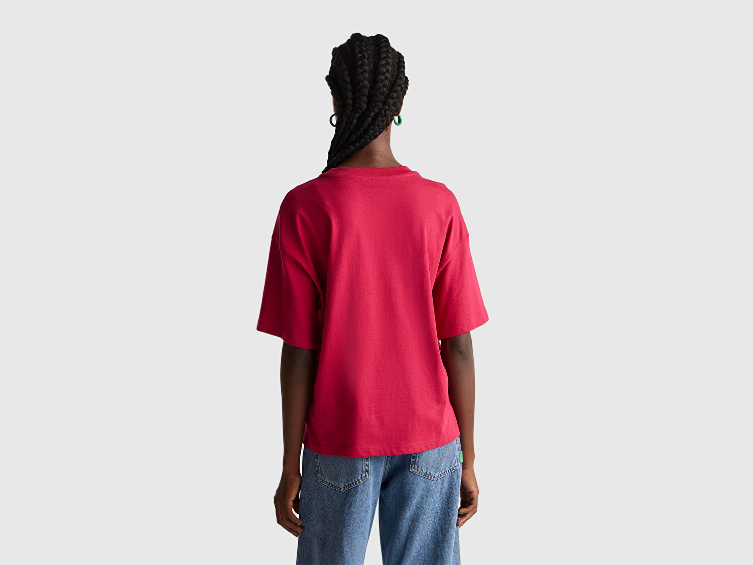 Benetton Kadın Fuşya %100 Pamuk Önü Yazı Baskılı Bisiklet Yaka T-Shirt