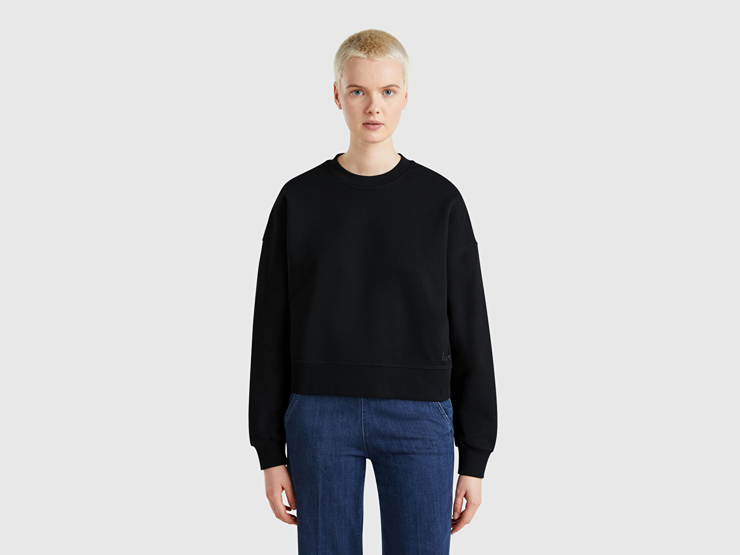 Benetton Kadın Siyah %100 Pamuk Ribana Detaylı Bisiklet Yaka Sweatshirt