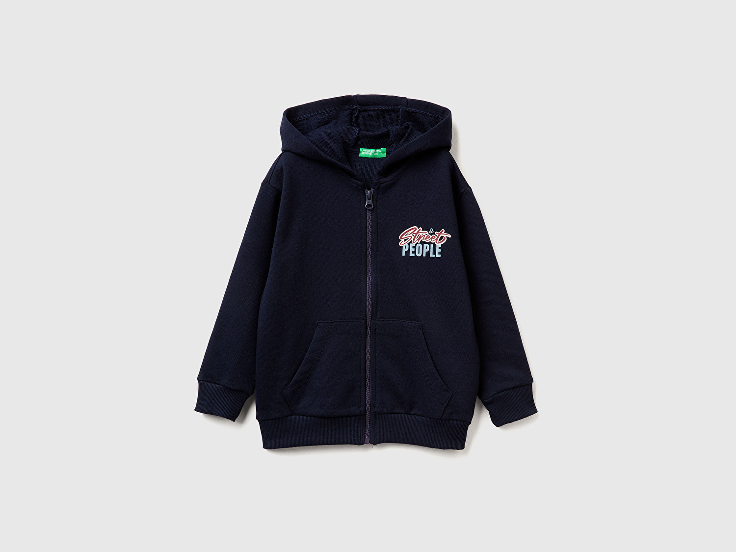 Benetton Erkek Bebek Lacivert Baskılı Fermuarlı Kapüşonlu Relaxed Fit Sweatshirt