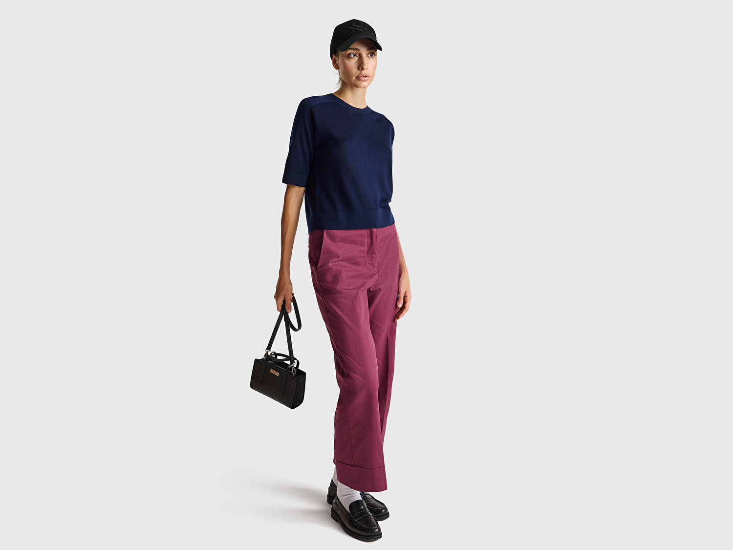 Benetton Kadın Lacivert %100 Yün Bisiklet Yaka Kısa Kollu Kazak