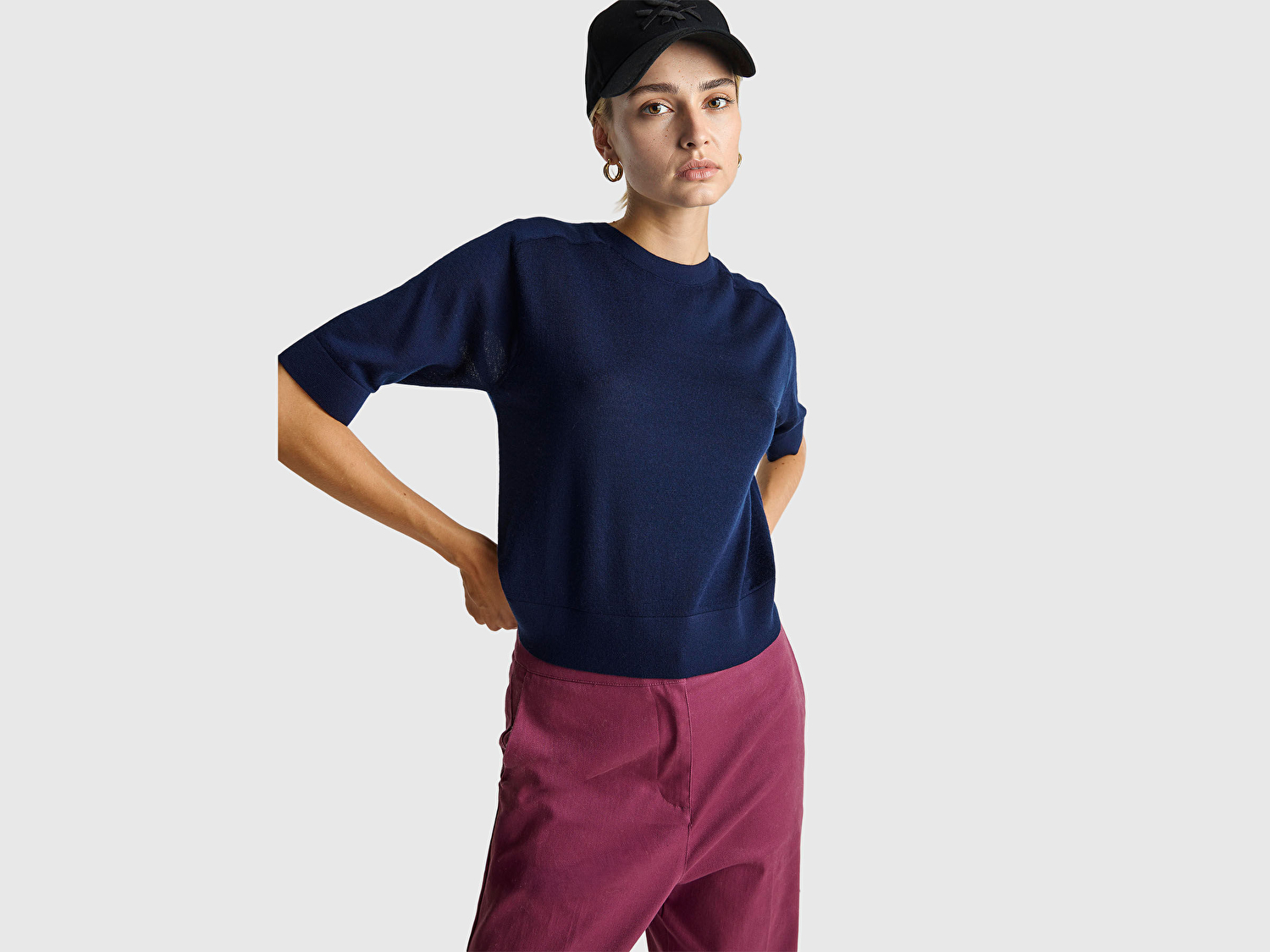 Benetton Kadın Lacivert %100 Yün Bisiklet Yaka Kısa Kollu Kazak