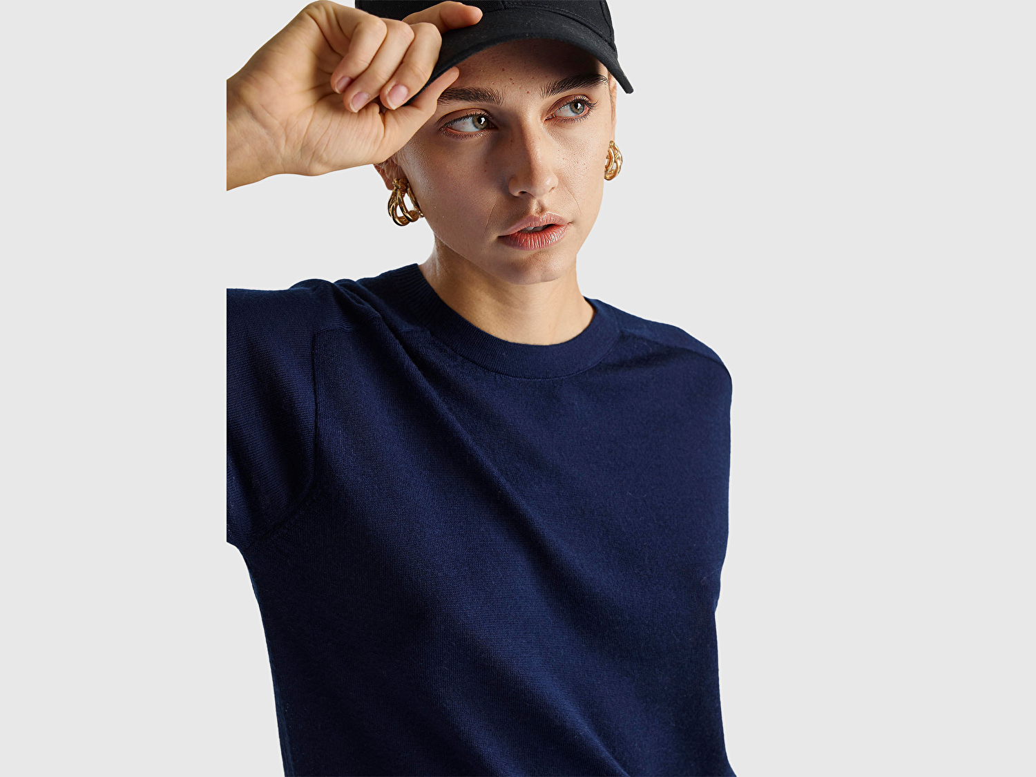 Benetton Kadın Lacivert %100 Yün Bisiklet Yaka Kısa Kollu Kazak