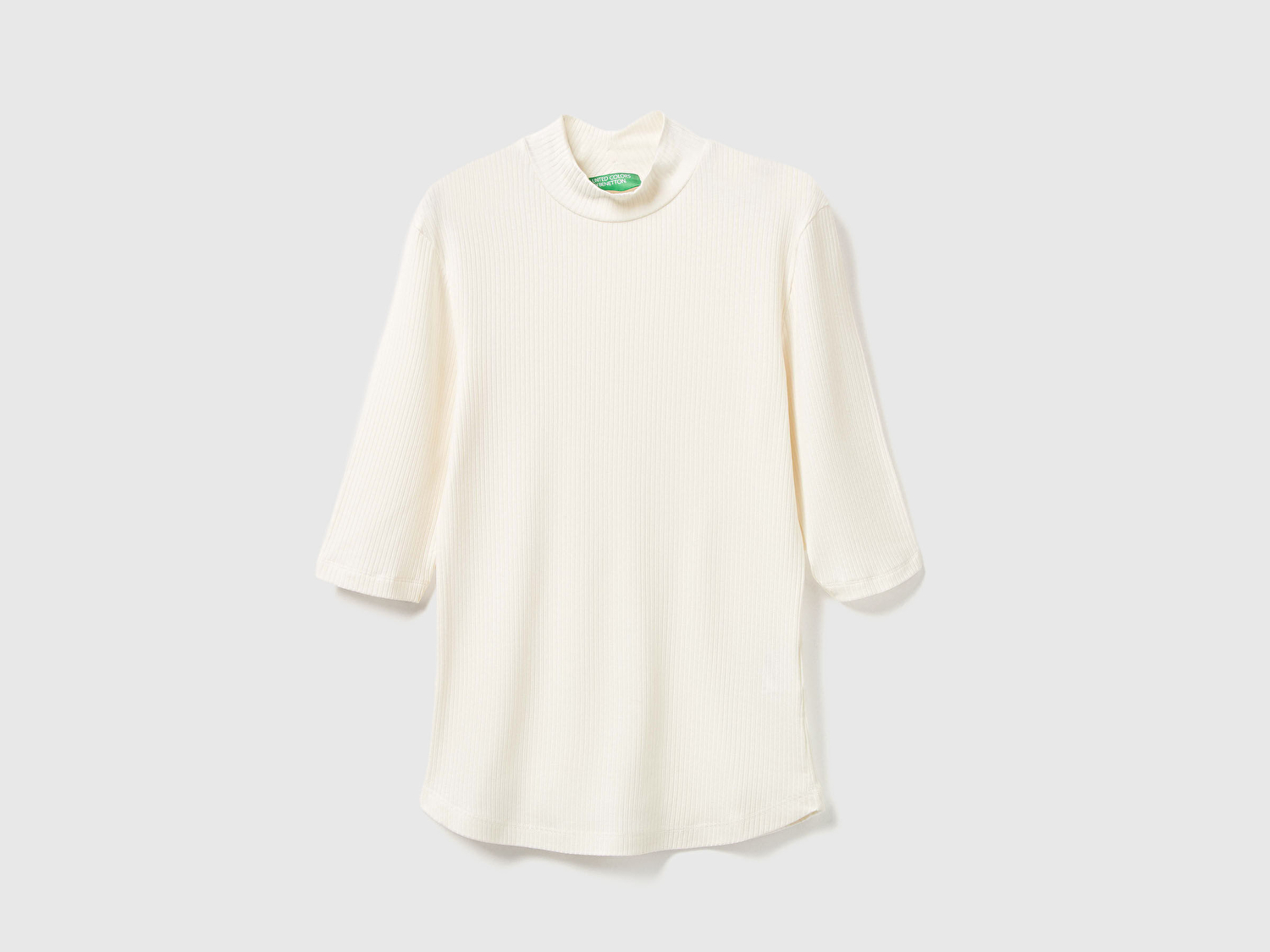 Benetton Kadın Krem Liyosel Karşımlı Yarım Kol Slim Fit Dik Yaka T-Shirt