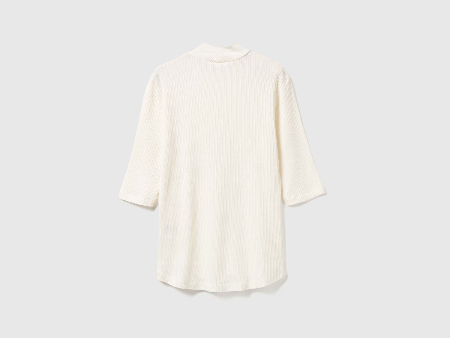 Benetton Kadın Krem Liyosel Karşımlı Yarım Kol Slim Fit Dik Yaka T-Shirt