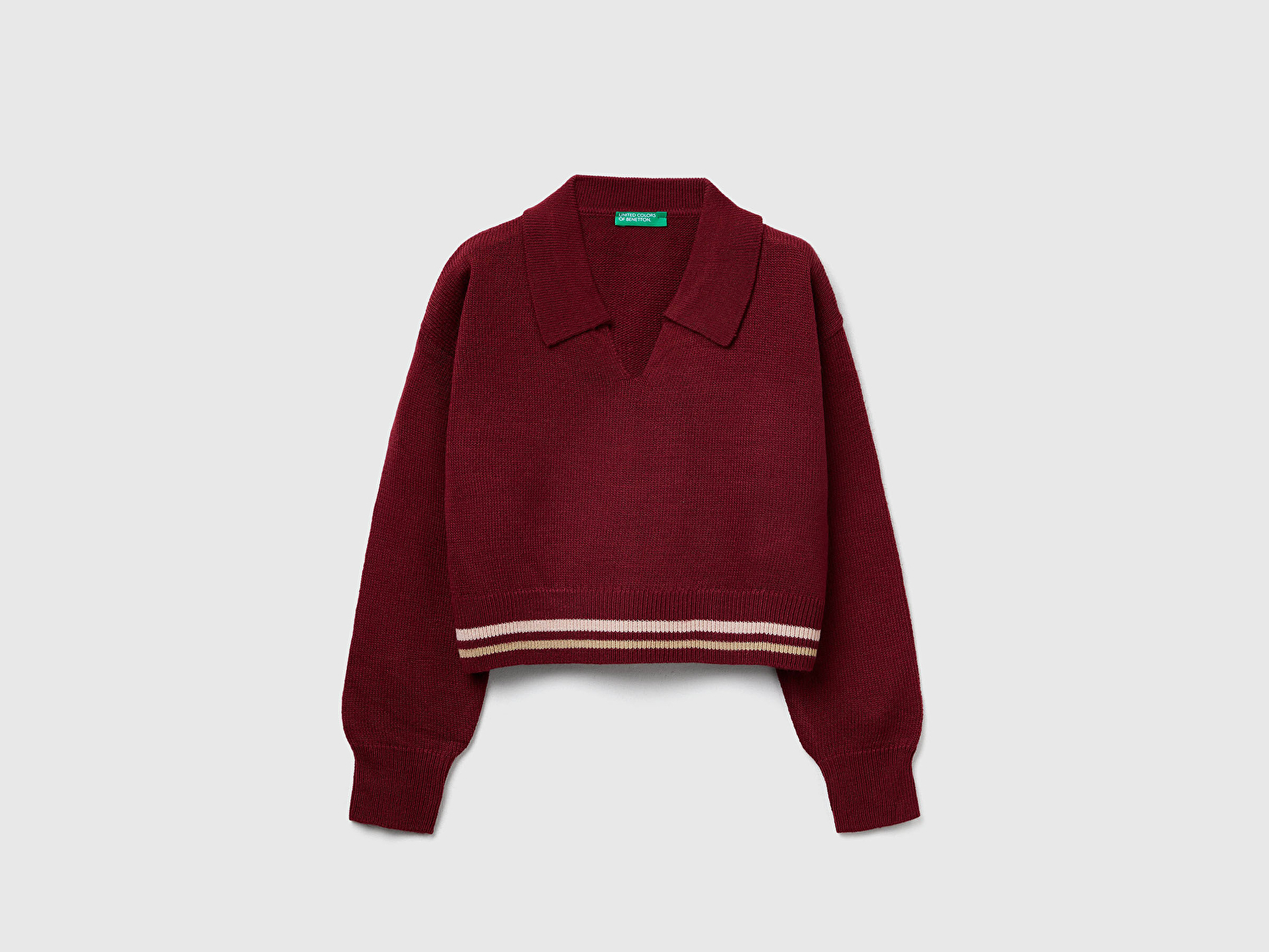 Benetton Kız Çocuk Bordo %100 Akrilik Kontrast Şerit Detaylı Polo Yaka Kazak