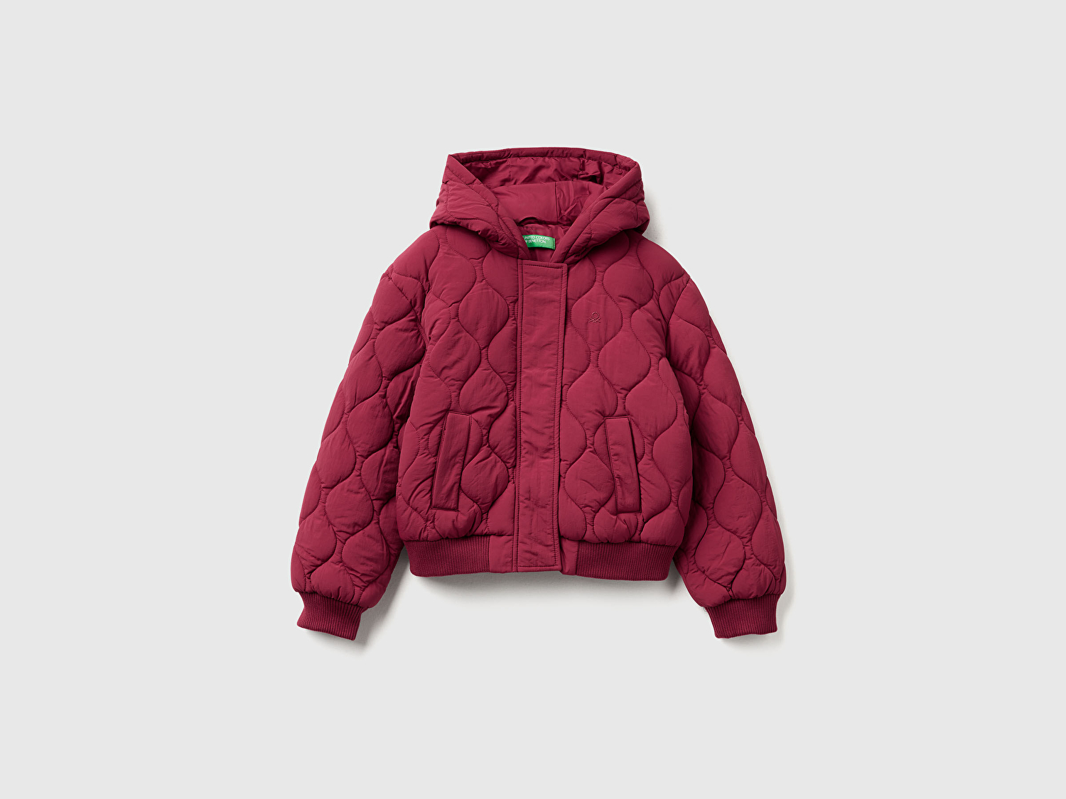 Benetton Kız Çocuk Bordo Logo İşlemeli Kapitone Fermuarlı Nervürlü Kapüşonlu Ceket