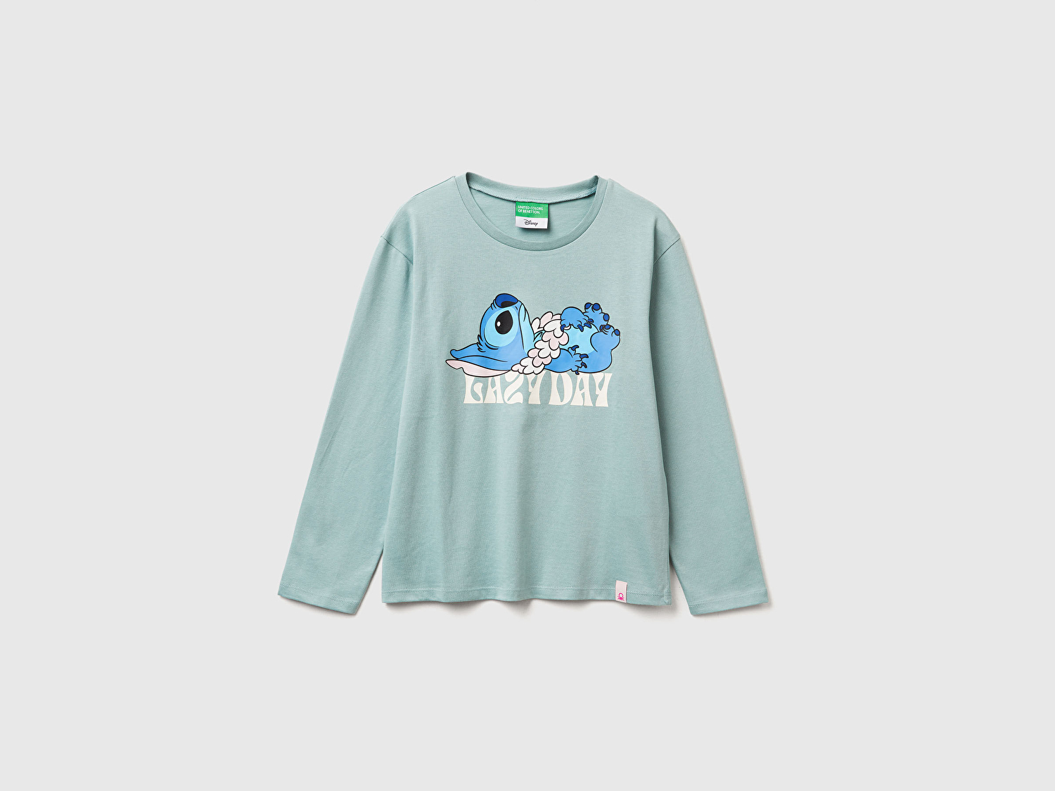Benetton Kız Çocuk Gri-Yeşil Önü Baskılı Logo Etiketi Detaylı Uzun Kollu T-shirt
