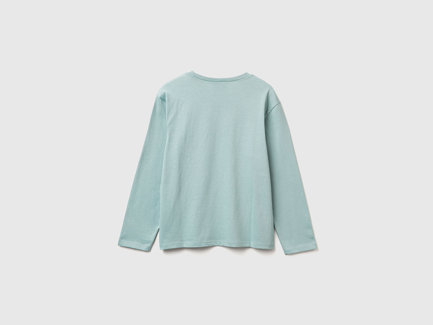 Benetton Kız Çocuk Gri-Yeşil Önü Baskılı Logo Etiketi Detaylı Uzun Kollu T-shirt