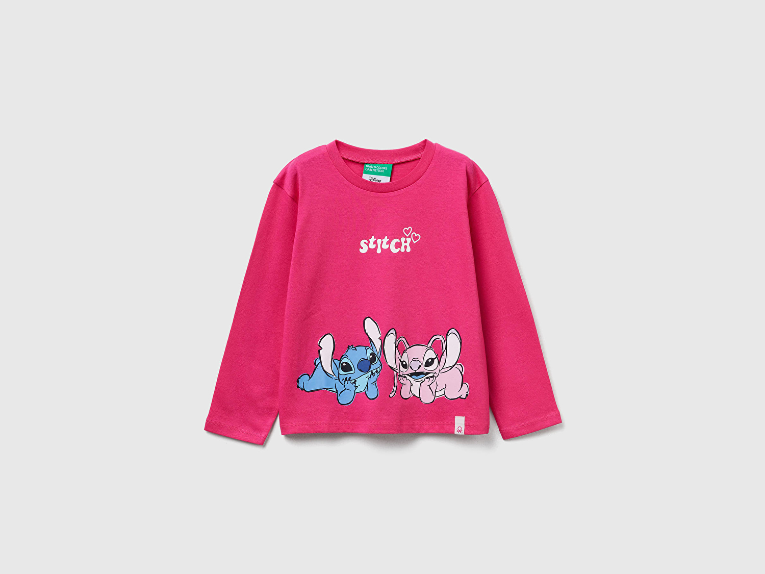Benetton Kız Bebek Pembe Önü Baskılı Logo Etiketli Ribana Yakalı Uzun Kollu T-shirt