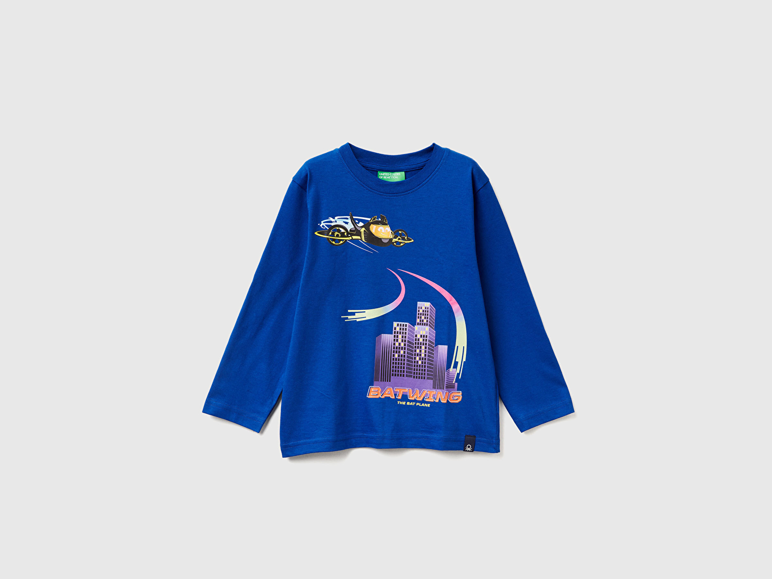 Benetton Erkek Bebek Saks Mavisi Önü ve Arkası Çok Renkli Batwheels Baskılı Logo Etiketli Jarse T-shirt