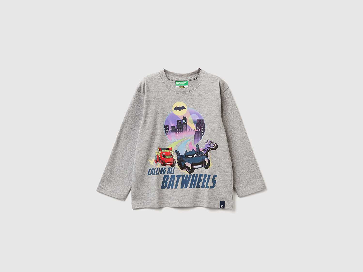 Benetton Erkek Bebek Gri Melanj Önü ve Arkası Çok Renkli Batwheels Baskılı Logo Etiketli Jarse T-shirt