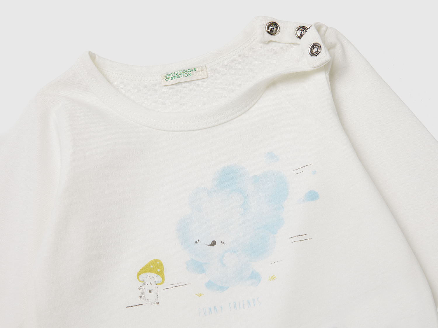 Benetton Bebek Beyaz Mix Önü Baskılı Omzu Gizli Düğmeli Uzun Kollu T-shirt