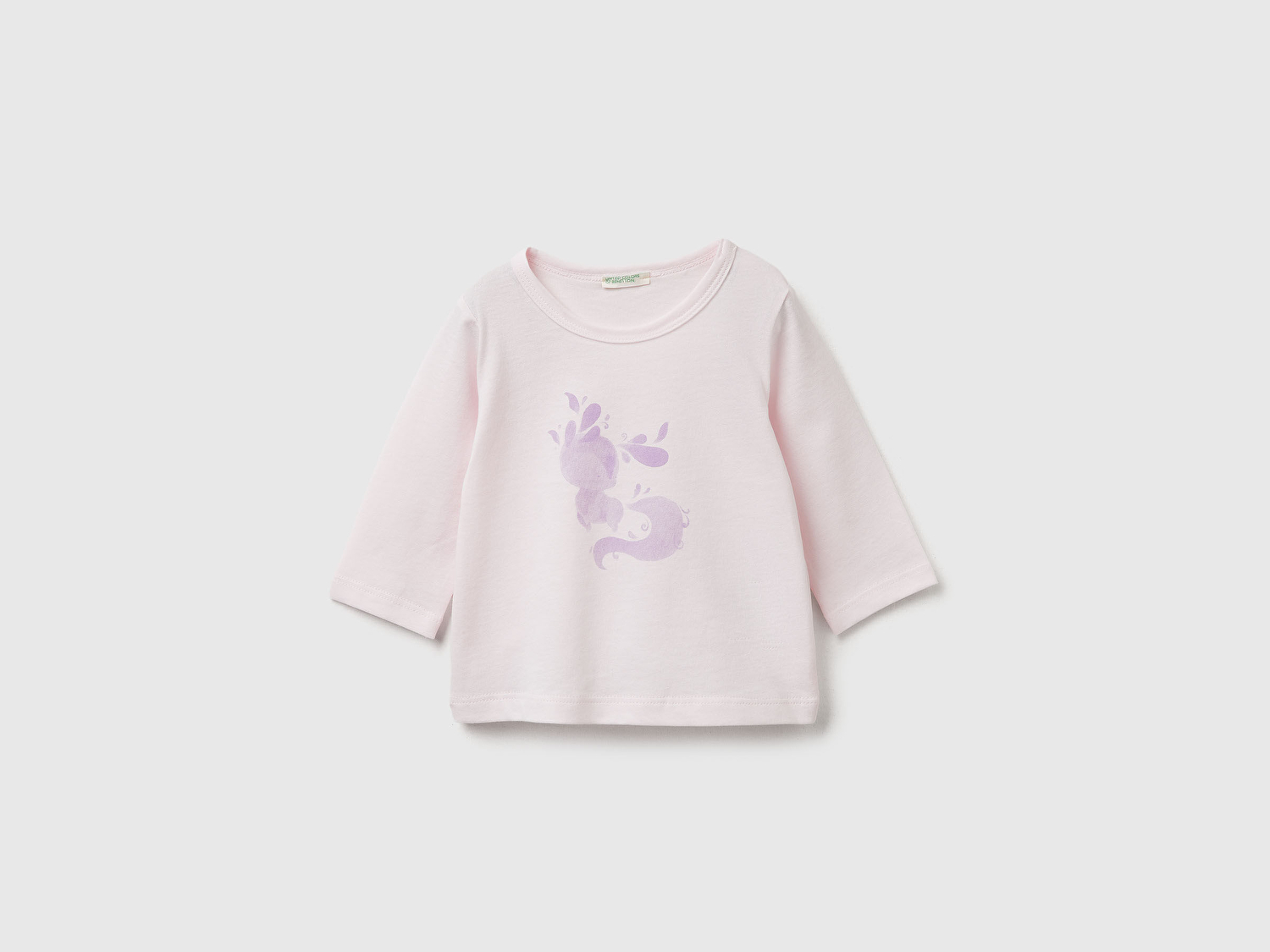 Benetton Bebek Toz Pembe Önü Baskılı Omzu Gizli Düğmeli Uzun Kollu T-shirt