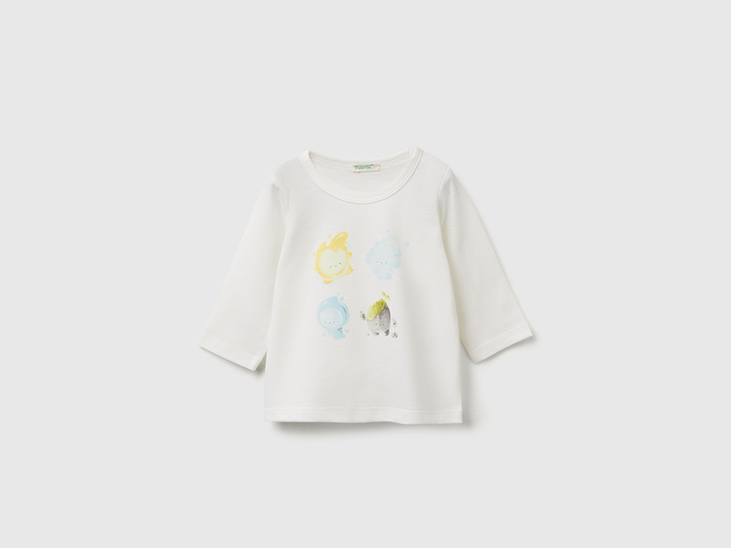 Benetton Bebek Ekru Mix Önü Baskılı Omzu Gizli Düğmeli Uzun Kollu T-shirt