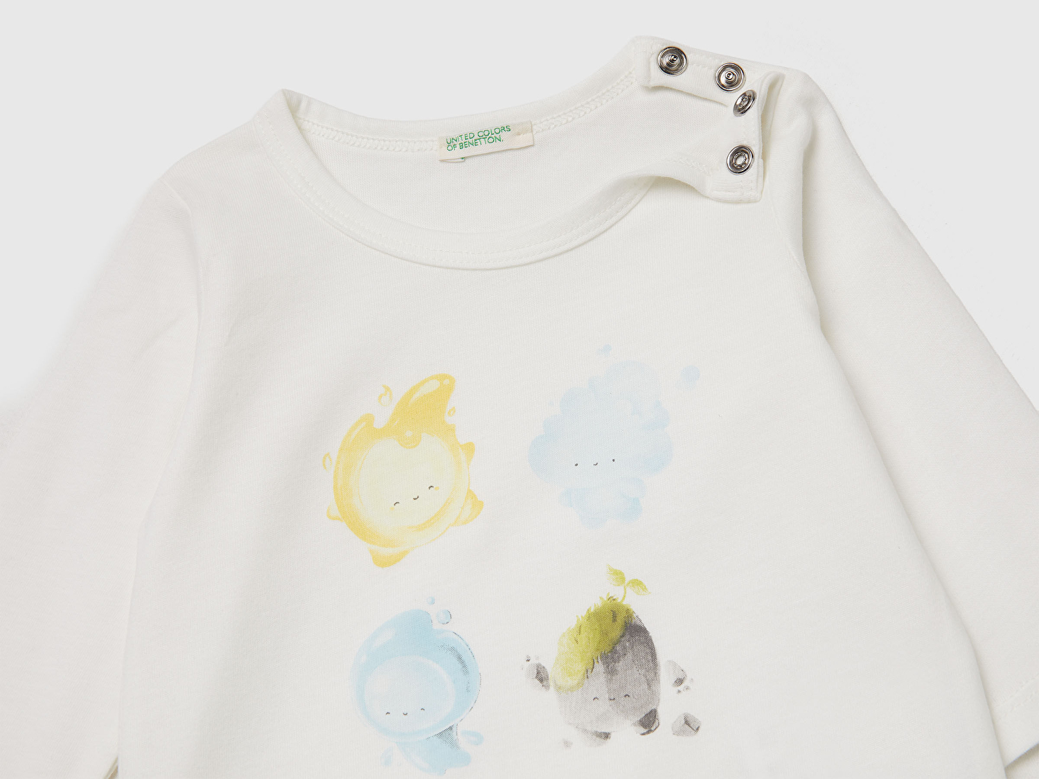 Benetton Bebek Ekru Mix Önü Baskılı Omzu Gizli Düğmeli Uzun Kollu T-shirt