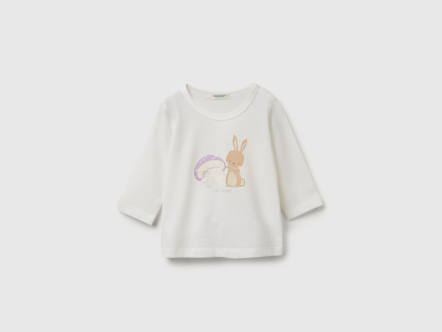 Benetton Bebek Beyaz Önü Baskılı Omzu Gizli Düğmeli Uzun Kollu T-shirt