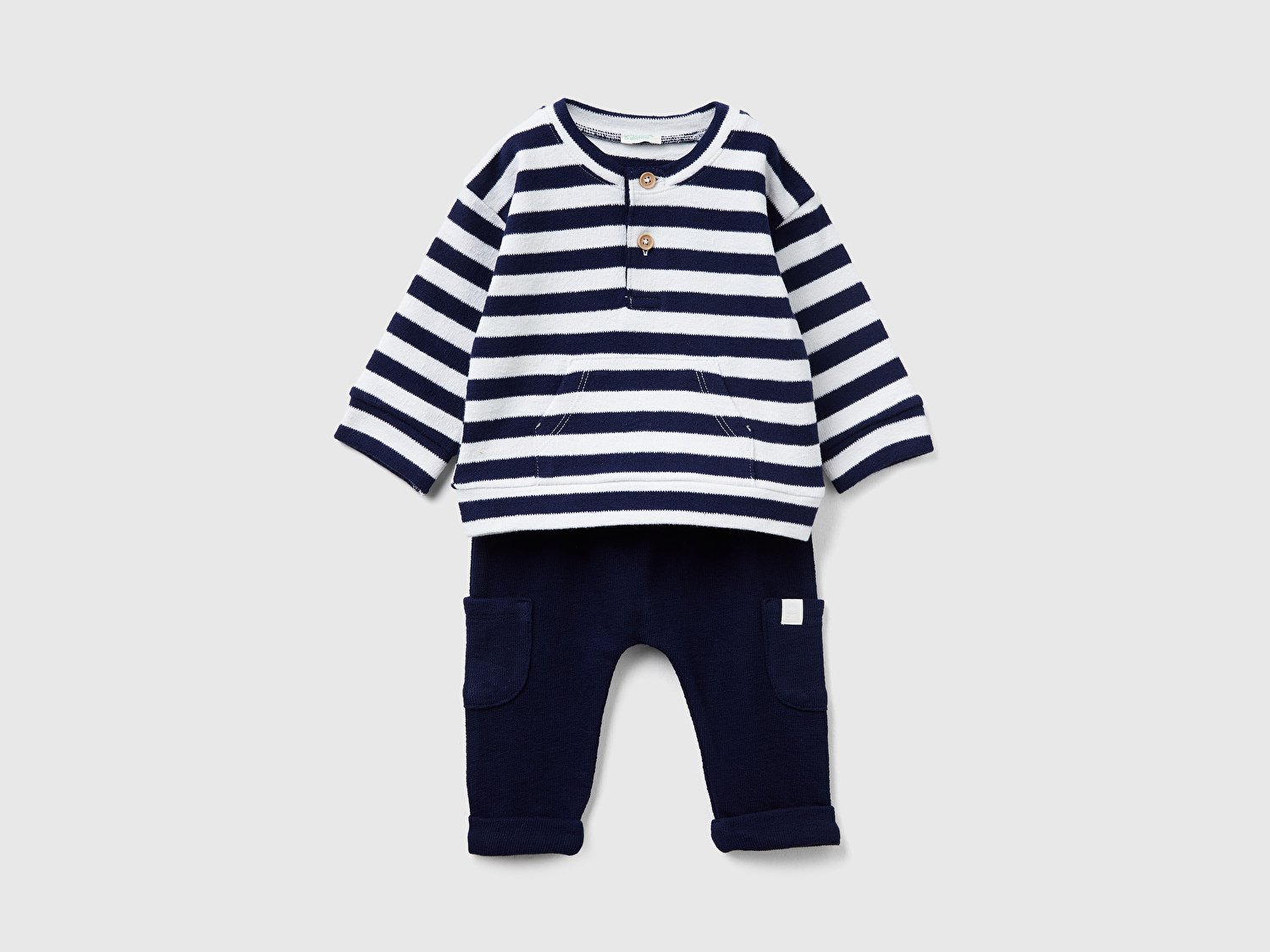 Benetton Bebek Lacivert-Beyaz Çizgili Çizgili Sweatshirt ve Kese Cepli Pantolon Takım
