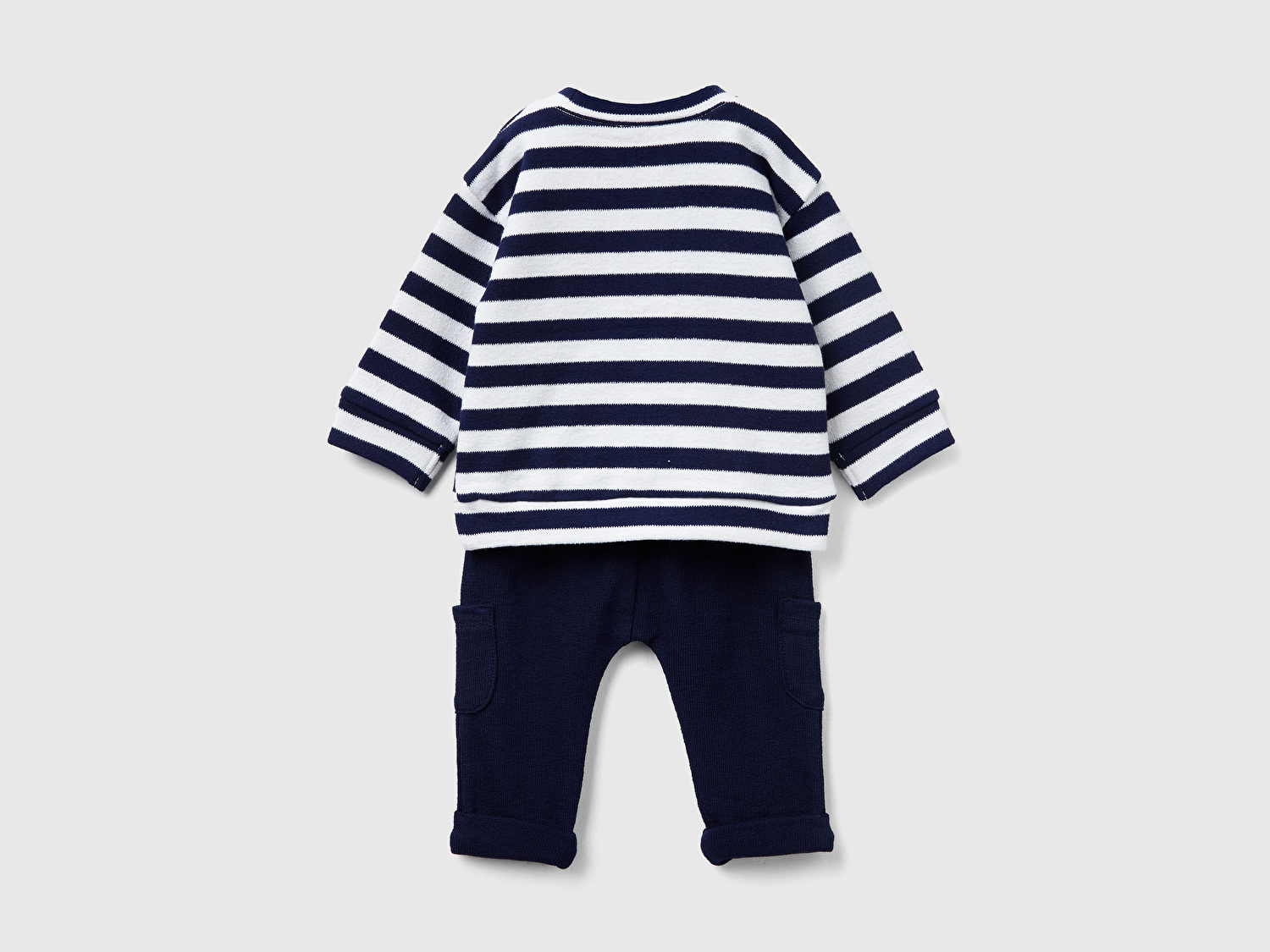Benetton Bebek Lacivert-Beyaz Çizgili Çizgili Sweatshirt ve Kese Cepli Pantolon Takım