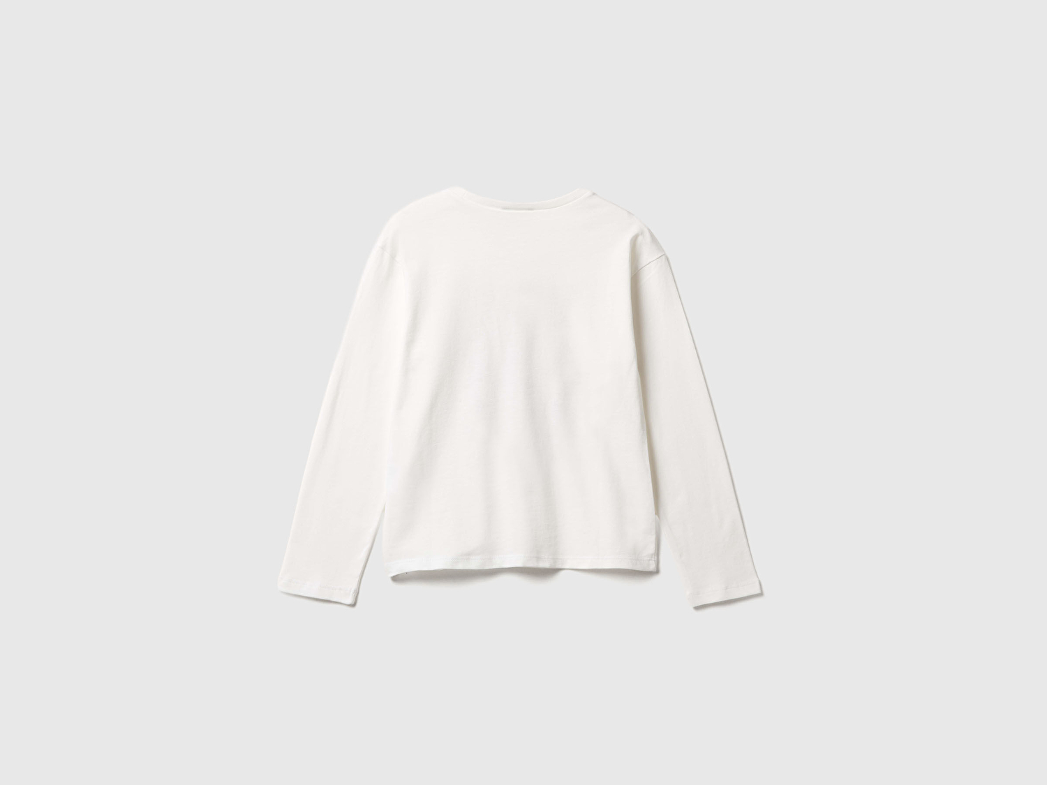 Benetton Kız Çocuk Ekru Önü Baskılı Ribana Yakalı Relaxed Fit Uzun Kollu T-shirt