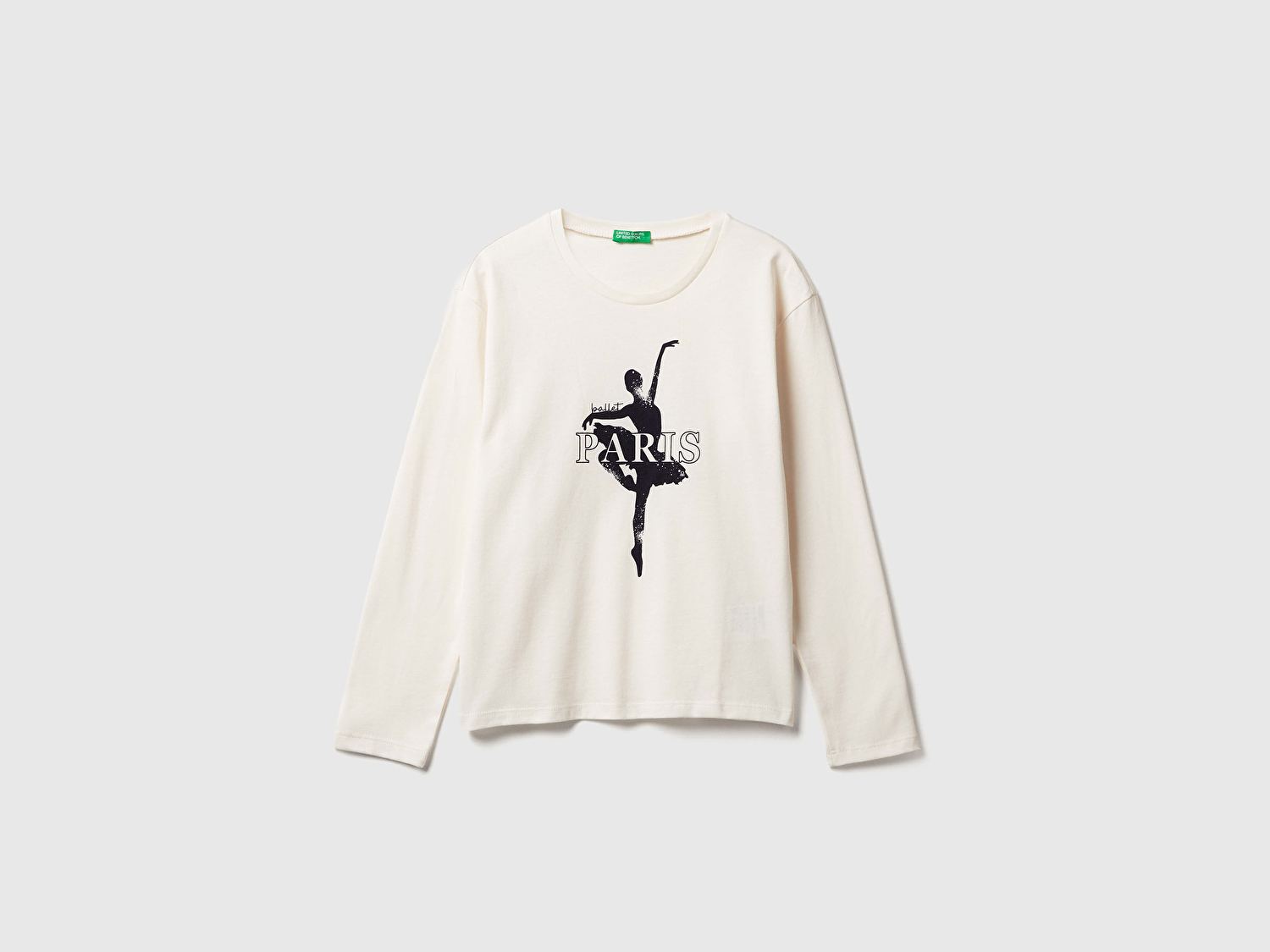 Benetton Kız Çocuk Krem Önü Baskılı Ribana Yakalı Relaxed Fit Uzun Kollu T-shirt