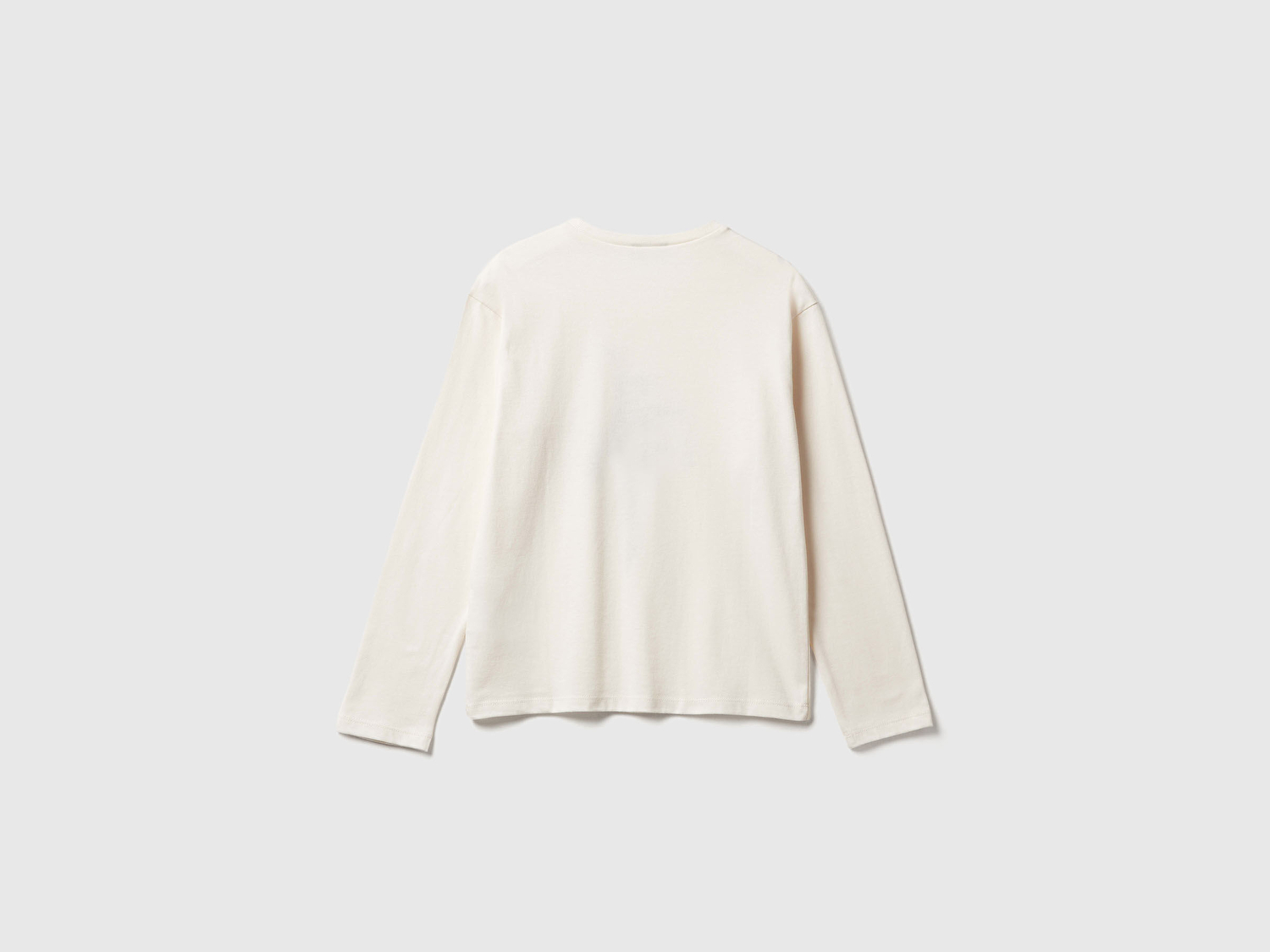 Benetton Kız Çocuk Krem Önü Baskılı Ribana Yakalı Relaxed Fit Uzun Kollu T-shirt