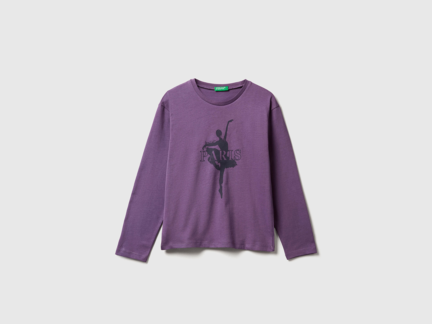 Benetton Kız Çocuk Mor Önü Baskılı Ribana Yakalı Relaxed Fit Uzun Kollu T-shirt