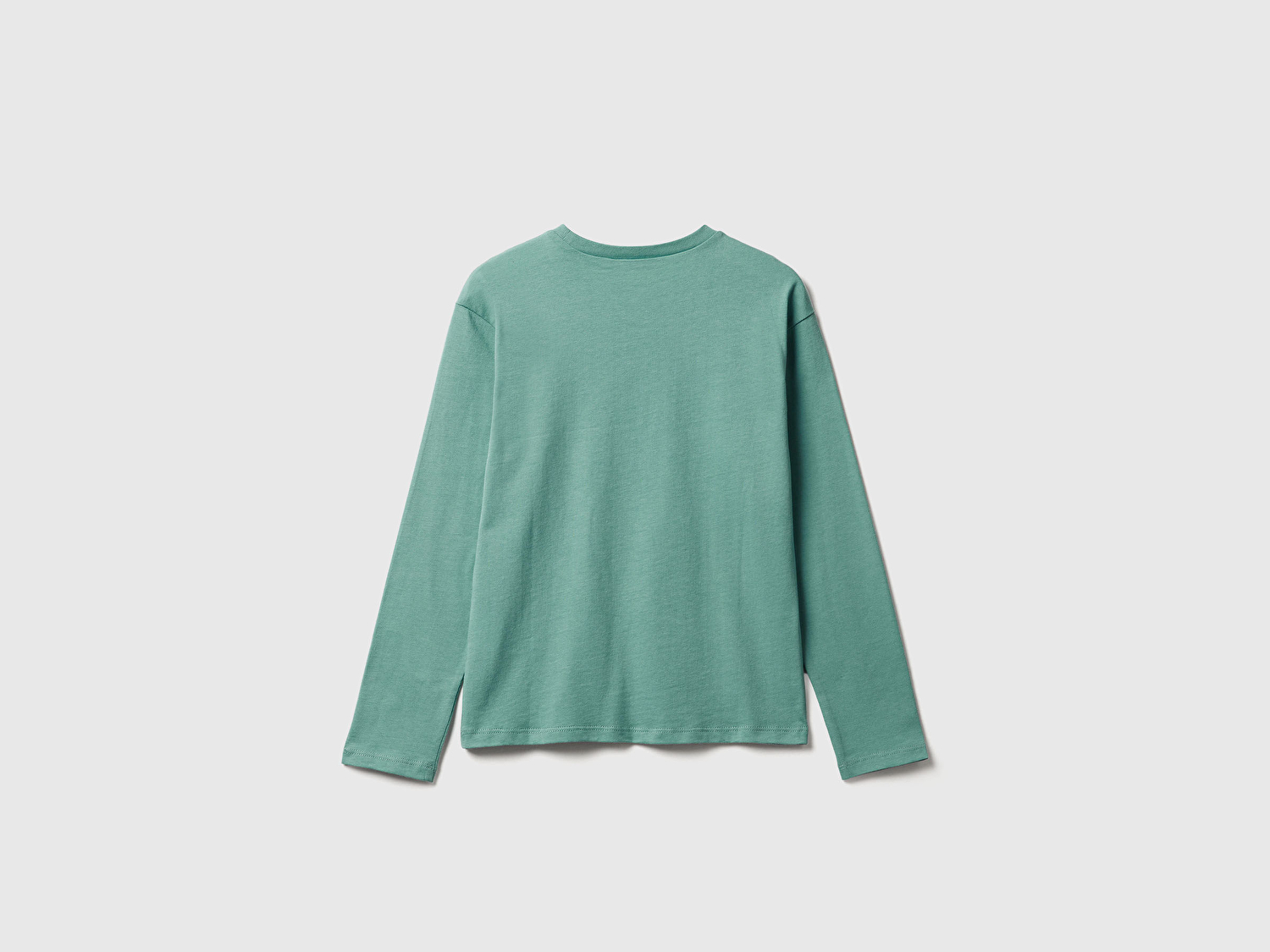 Benetton Kız Çocuk Gri-Yeşil Önü Baskılı Ribana Yakalı Relaxed Fit Uzun Kollu T-shirt