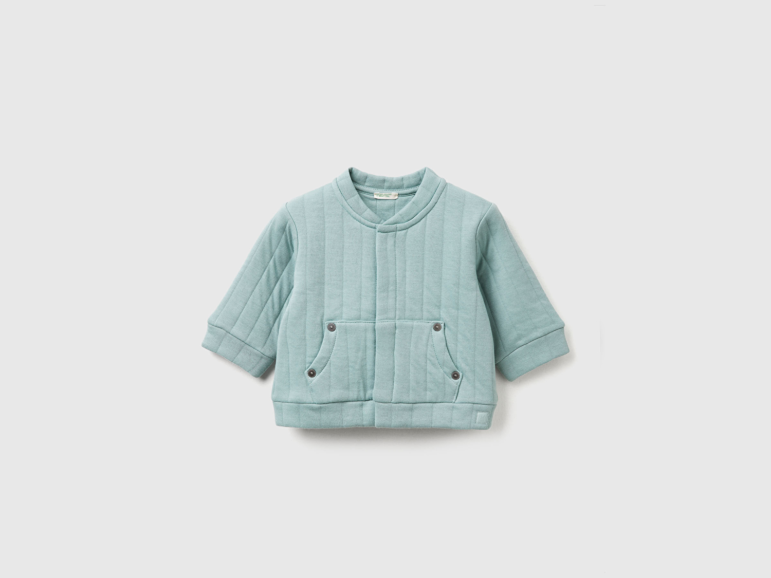 Benetton Bebek Gri-Yeşil Şerit Desenli Logo Etiketli Çıtçıtlı Cepli Kapitone Bomber Ceket