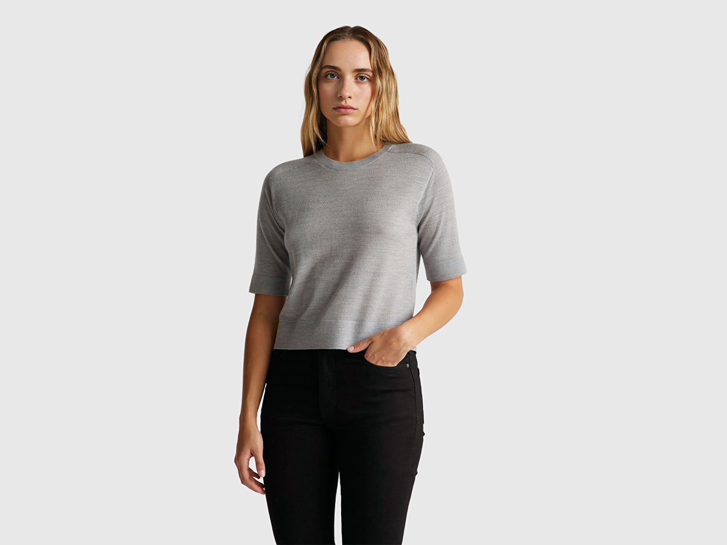 Benetton Kadın Gri Melanj %100 Yün Bisiklet Yaka Kısa Kollu Kazak