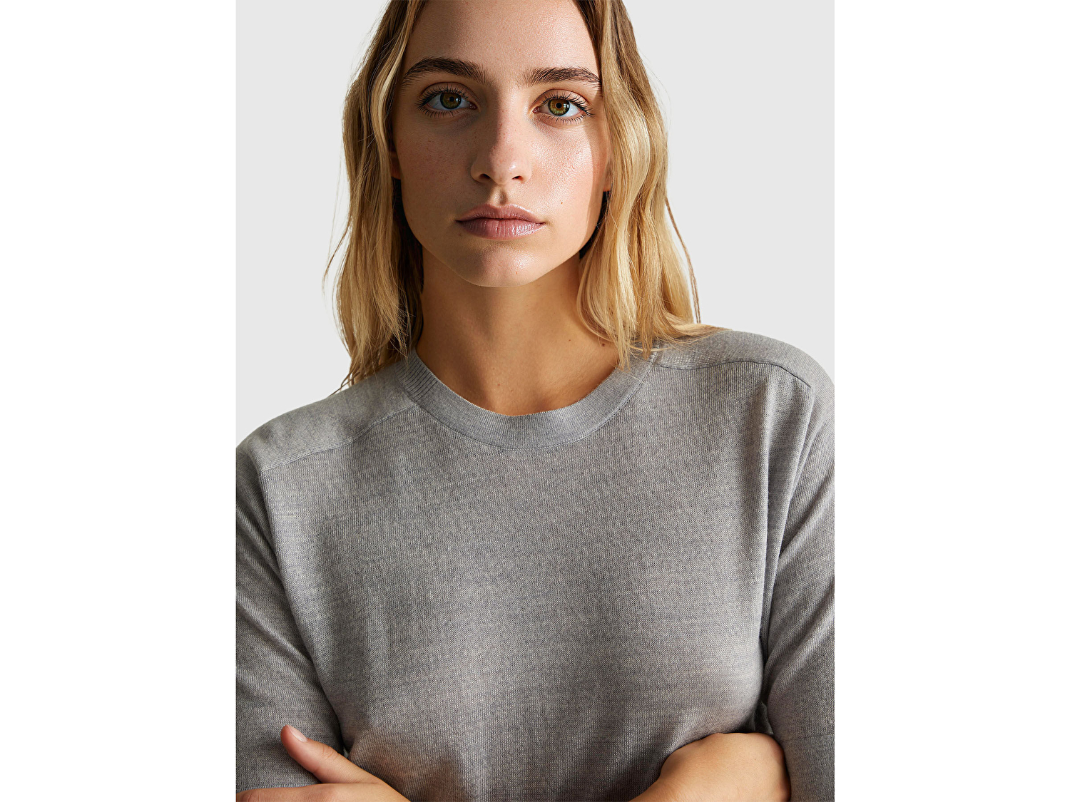 Benetton Kadın Gri Melanj %100 Yün Bisiklet Yaka Kısa Kollu Kazak