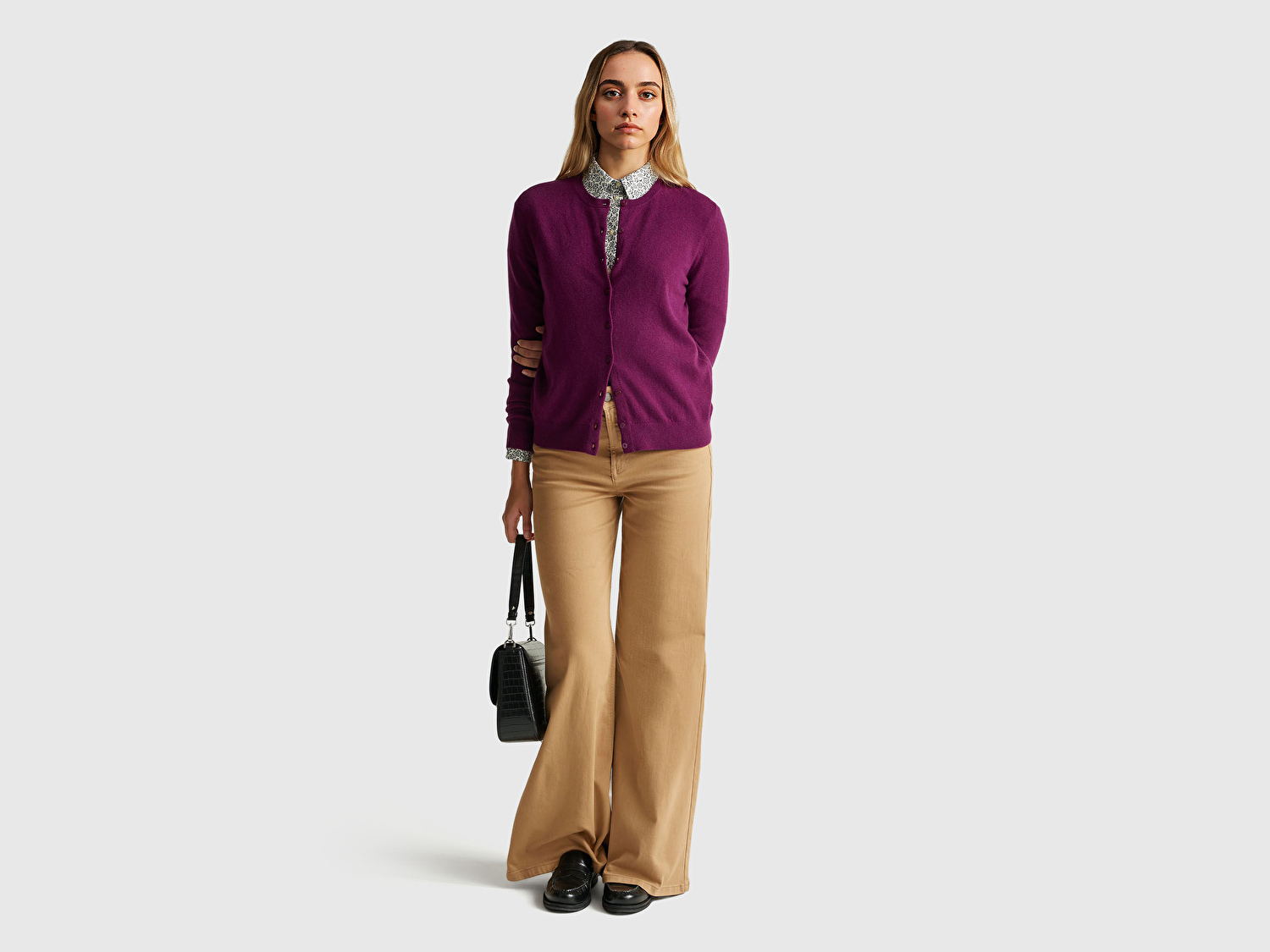 Benetton Kadın Mürdüm %100 Merino Bisiklet Yaka  Hırka