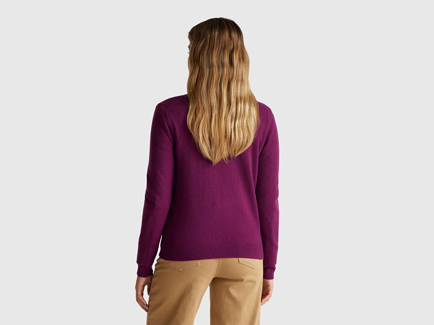 Benetton Kadın Mürdüm %100 Merino Bisiklet Yaka  Hırka