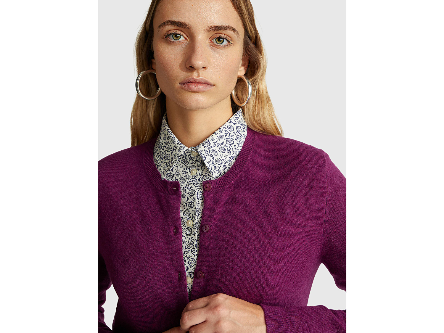 Benetton Kadın Mürdüm %100 Merino Bisiklet Yaka  Hırka