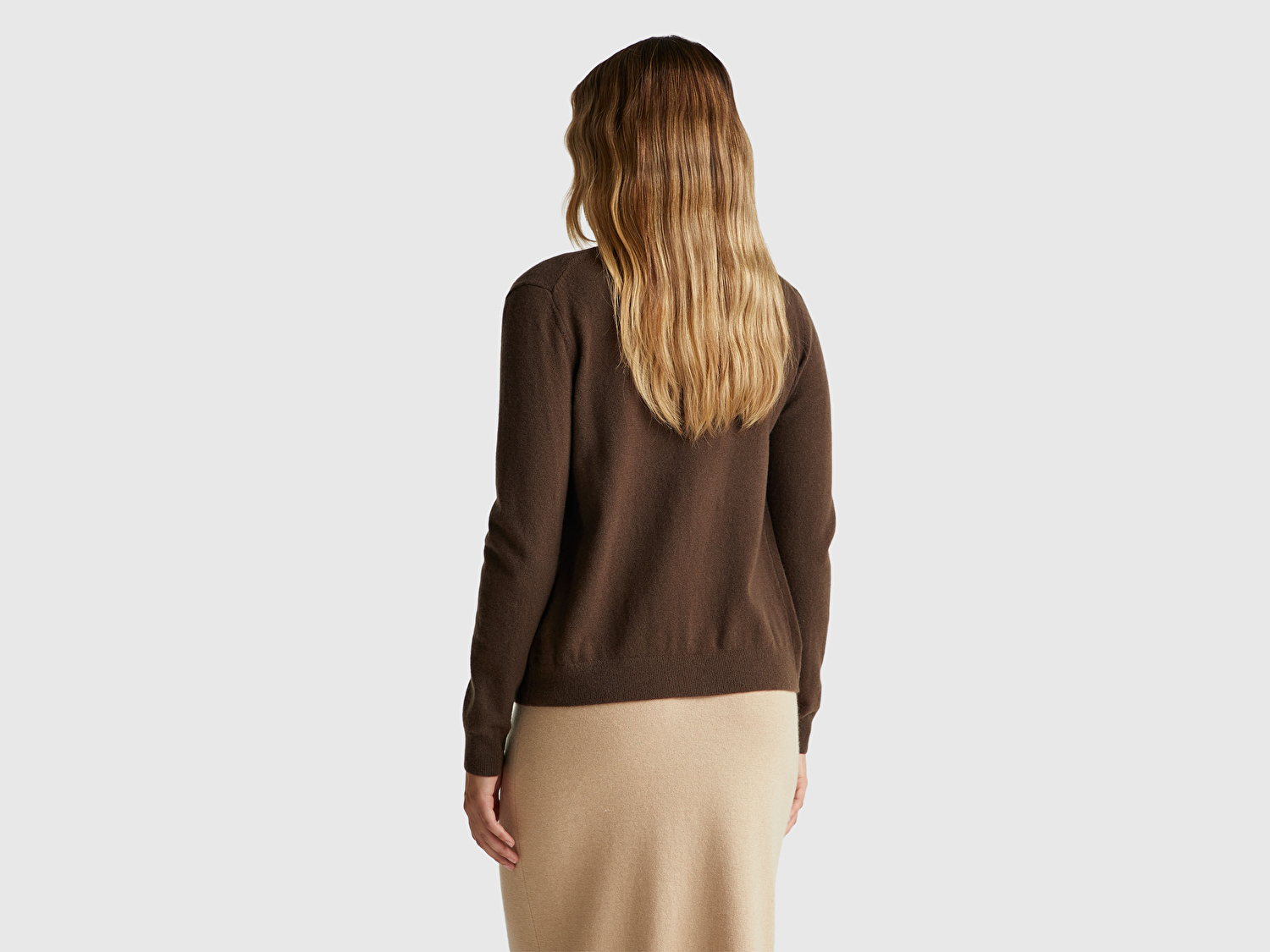 Benetton Kadın Koyu Kahverengi %100 Merino Bisiklet Yaka  Hırka