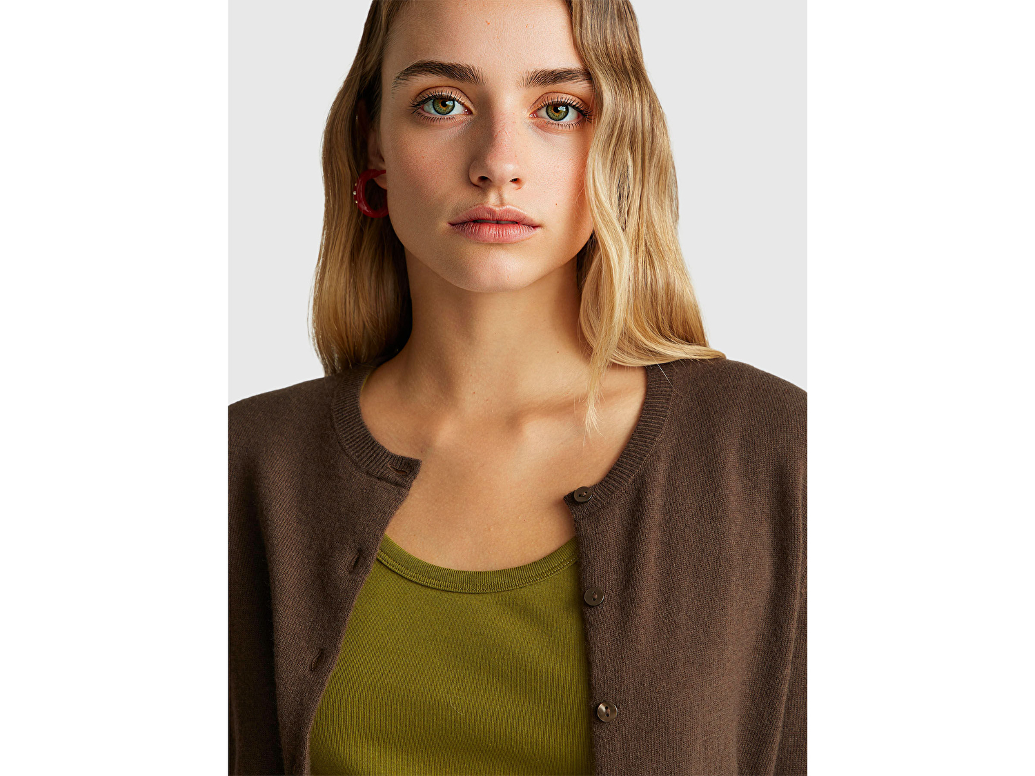 Benetton Kadın Koyu Kahverengi %100 Merino Bisiklet Yaka  Hırka