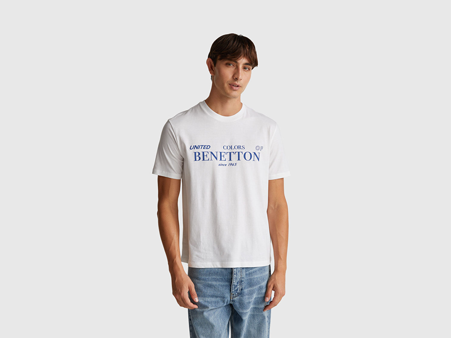 Benetton Erkek Beyaz %100 Pamuk Önü Logo Baskılı Relax Fit T-Shirt