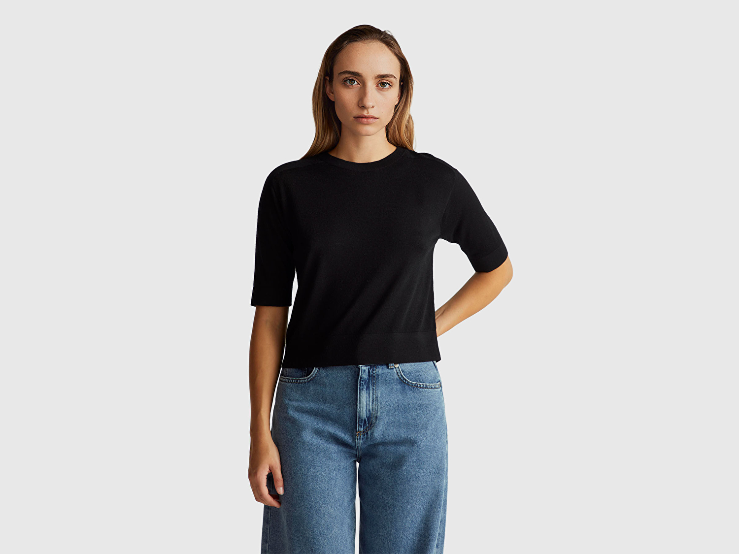 Benetton Kadın Sİyah %100 Yün Bisiklet Yaka Kısa Kollu Kazak