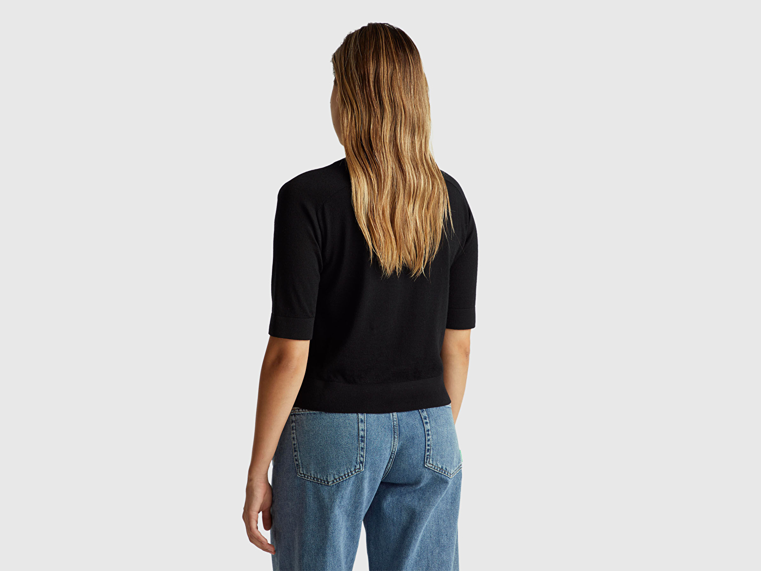 Benetton Kadın Sİyah %100 Yün Bisiklet Yaka Kısa Kollu Kazak